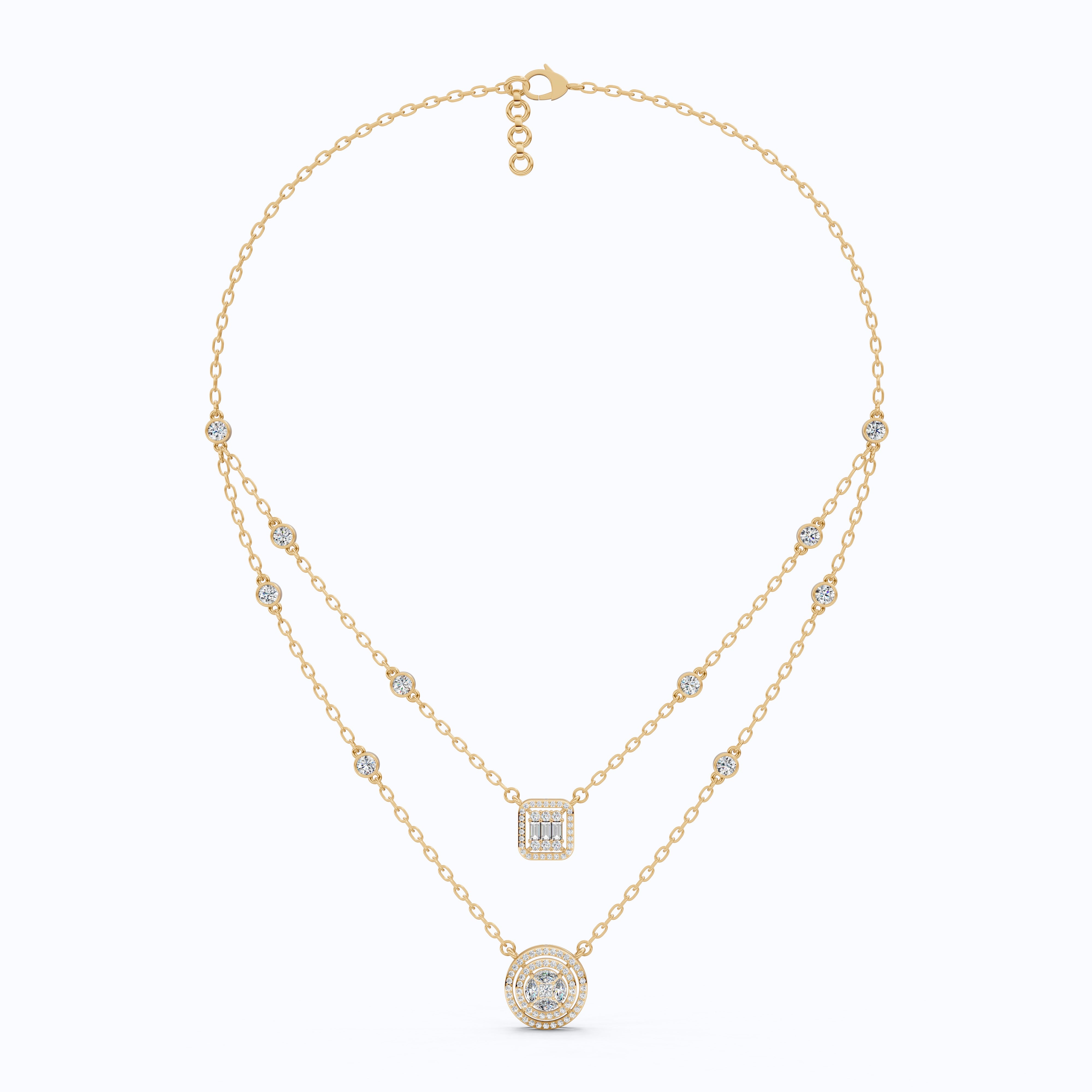 14K Gold Double Layered Necklace, 2.65 TCW Lab Diamonds, Dual Halo Pendant Necklace, Wedding Jewelry, Gift for Wife