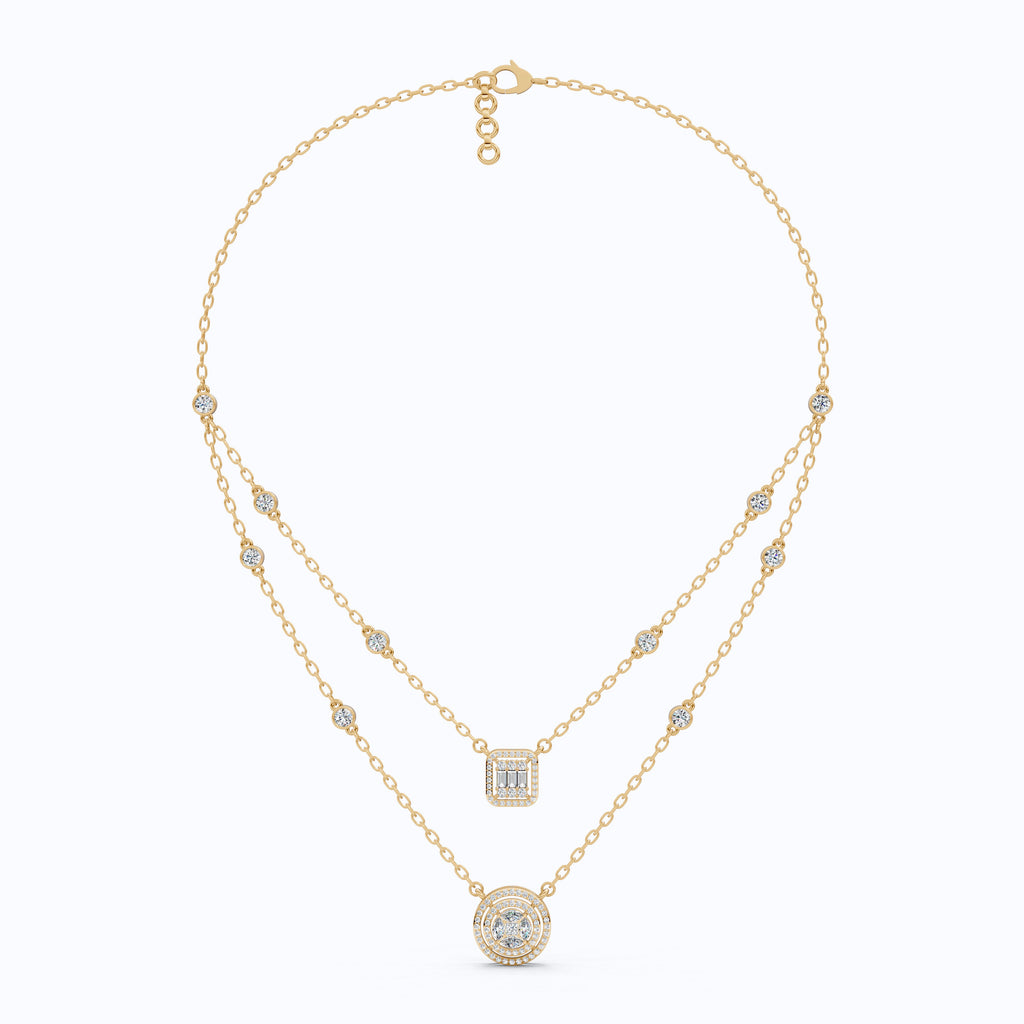 14K Gold Double Layered Necklace, 2.65 TCW Lab Diamonds, Dual Halo Pendant Necklace, Wedding Jewelry, Gift for Wife