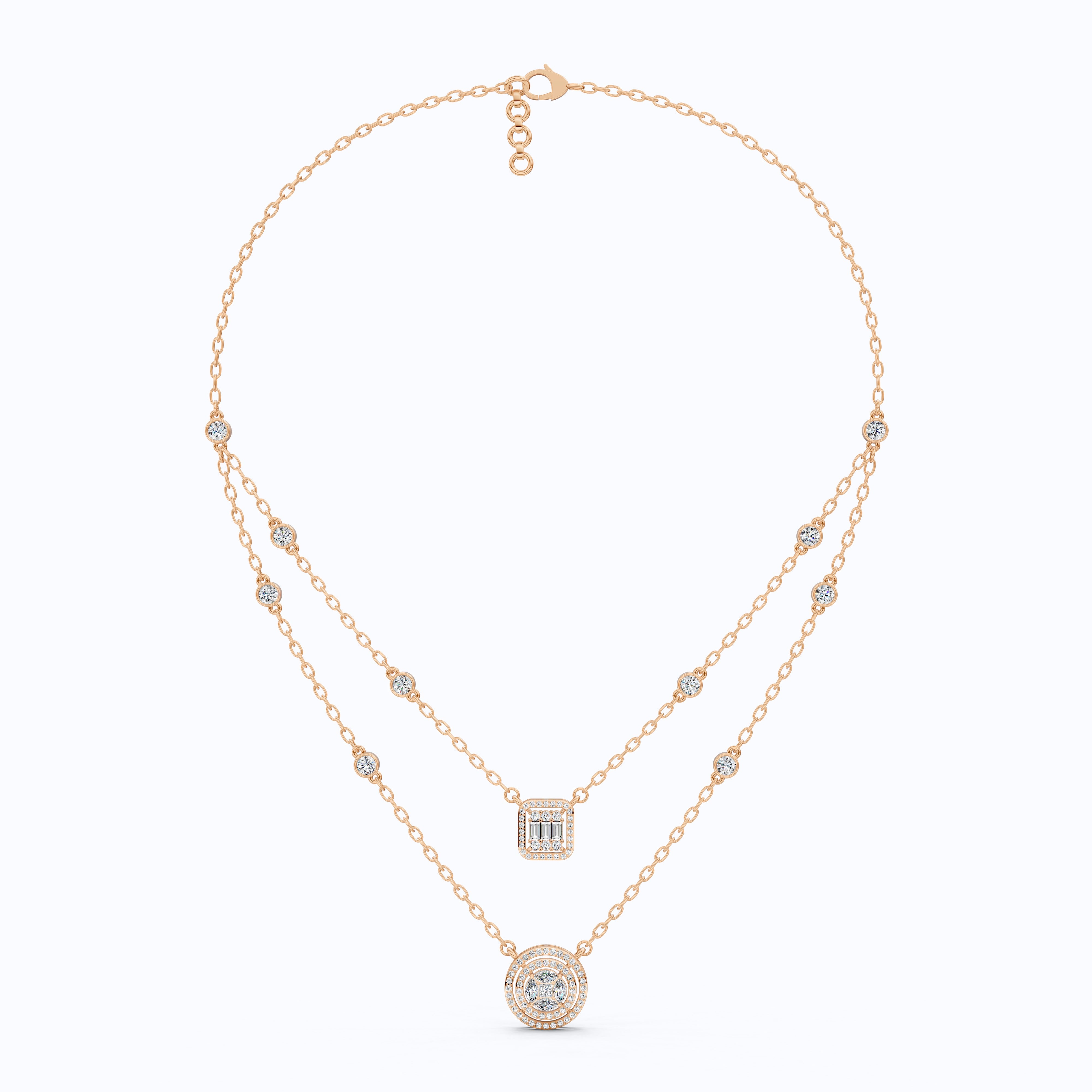 14K Gold Double Layered Necklace, 2.65 TCW Lab Diamonds, Dual Halo Pendant Necklace, Wedding Jewelry, Gift for Wife