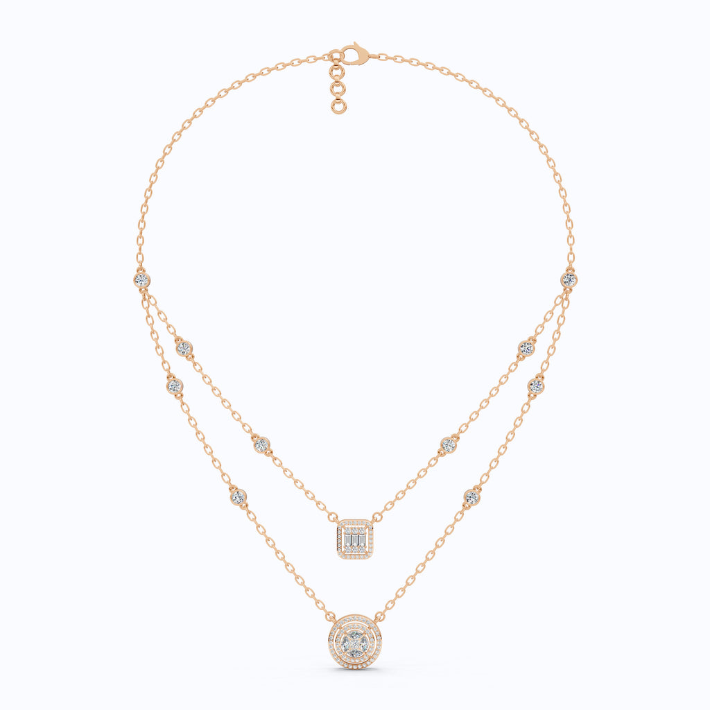 14K Gold Double Layered Necklace, 2.65 TCW Lab Diamonds, Dual Halo Pendant Necklace, Wedding Jewelry, Gift for Wife