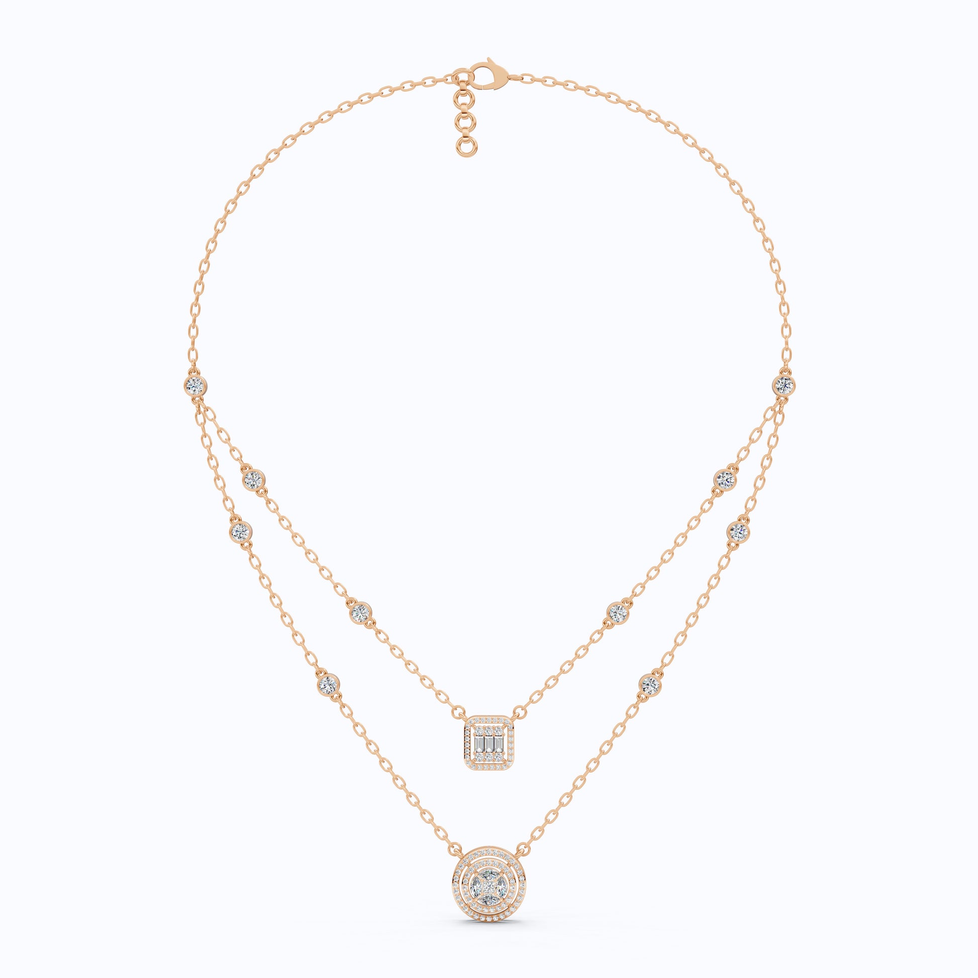 14K Gold Double Layered Necklace, 2.65 TCW Lab Diamonds, Dual Halo Pendant Necklace, Wedding Jewelry, Gift for Wife