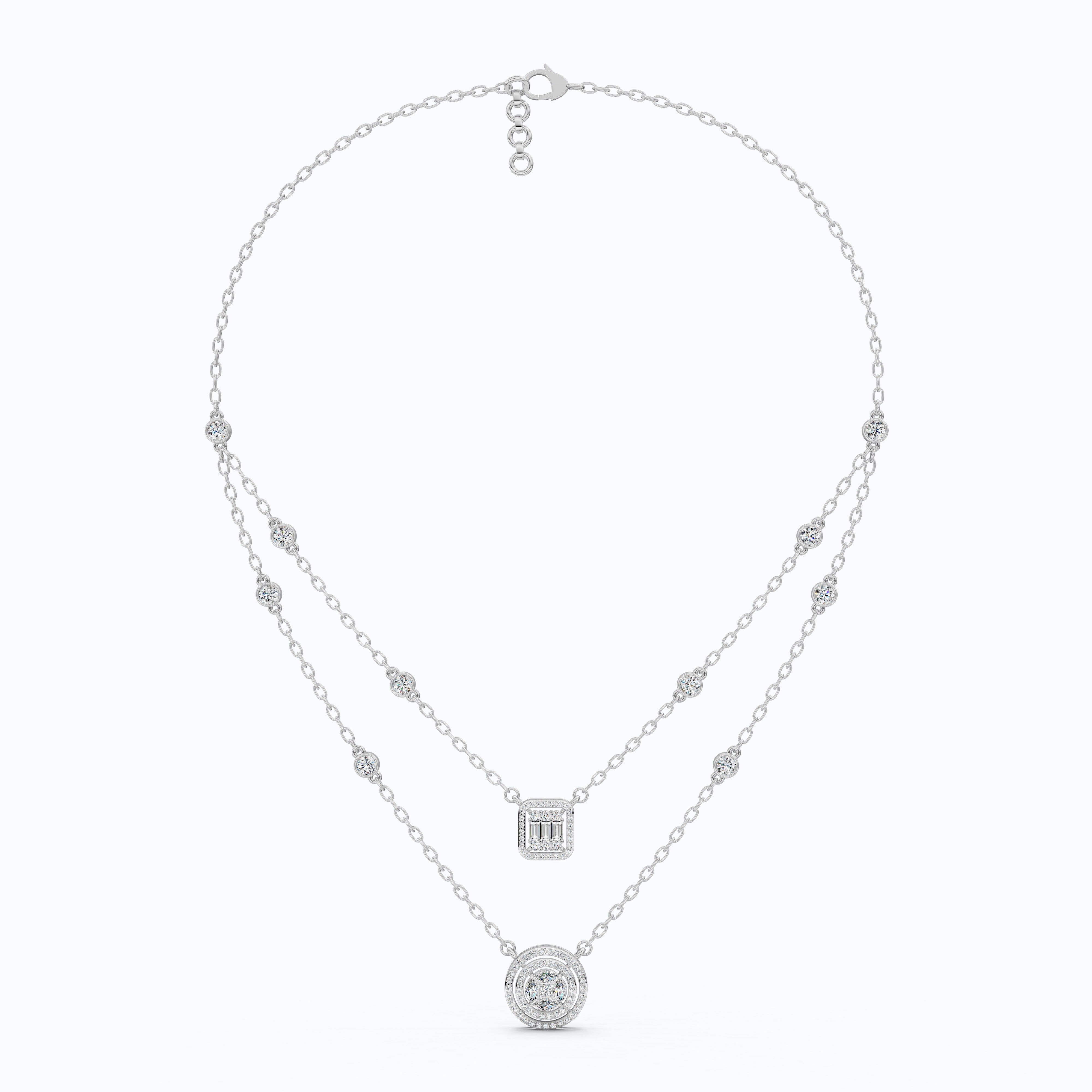 14K Gold Double Layered Necklace, 2.65 TCW Lab Diamonds, Dual Halo Pendant Necklace, Wedding Jewelry, Gift for Wife