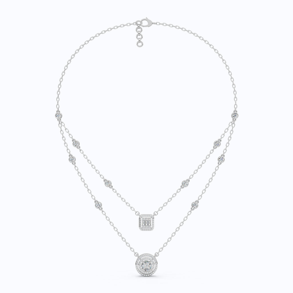 14K Gold Double Layered Necklace, 2.65 TCW Lab Diamonds, Dual Halo Pendant Necklace, Wedding Jewelry, Gift for Wife