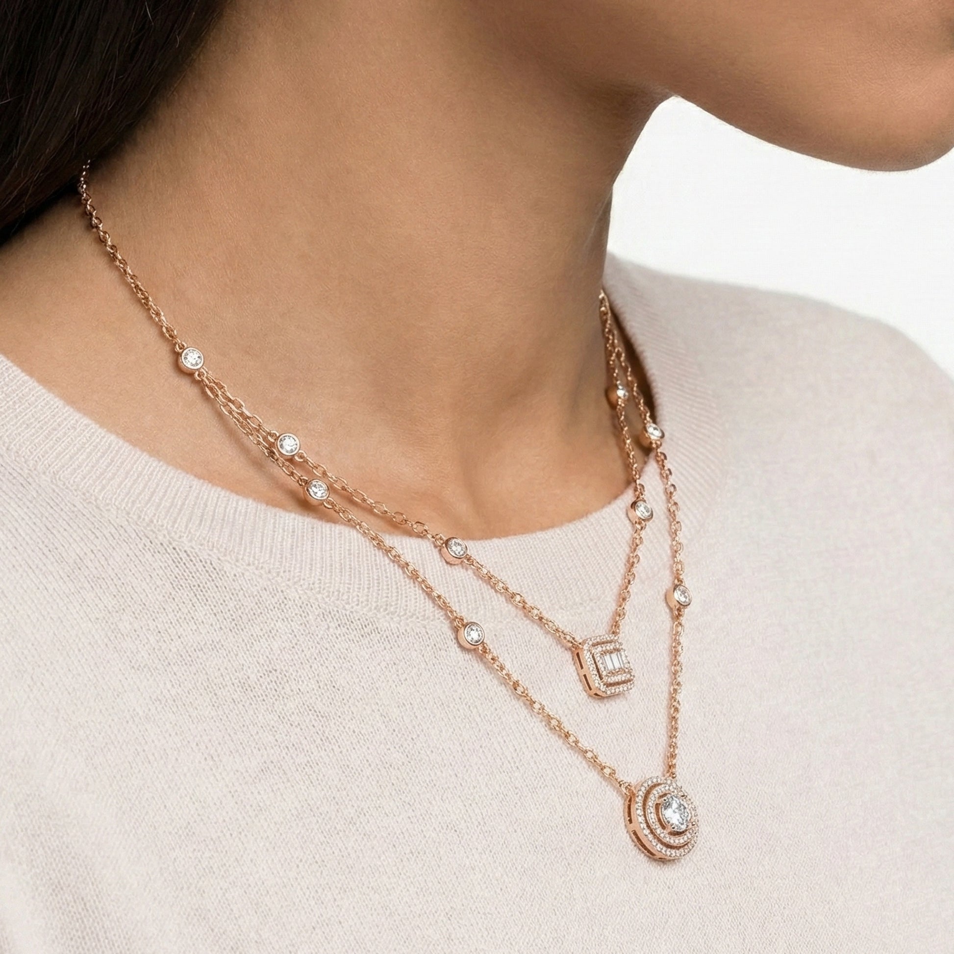 14K Gold Double Layered Necklace, 2.65 TCW Lab Diamonds, Dual Halo Pendant Necklace, Wedding Jewelry, Gift for Wife