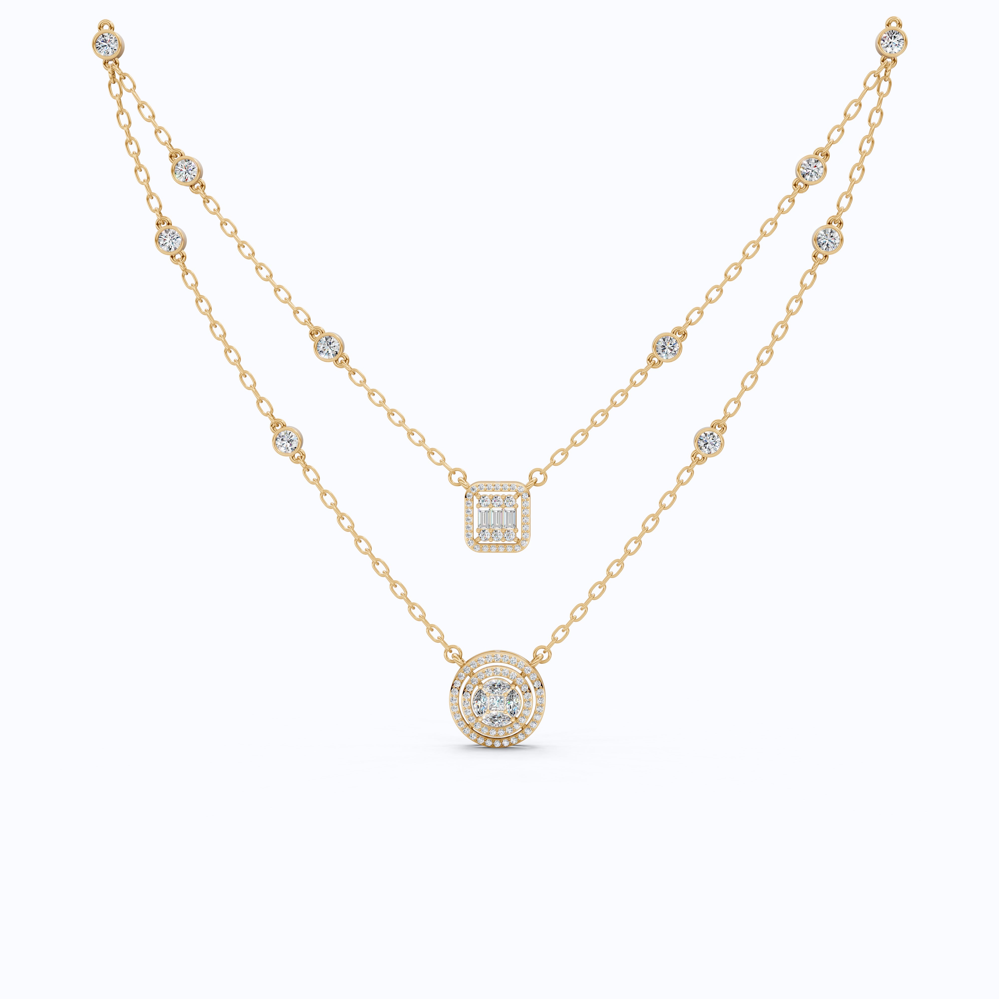 14K Gold Double Layered Necklace, 2.65 TCW Lab Diamonds, Dual Halo Pendant Necklace, Wedding Jewelry, Gift for Wife