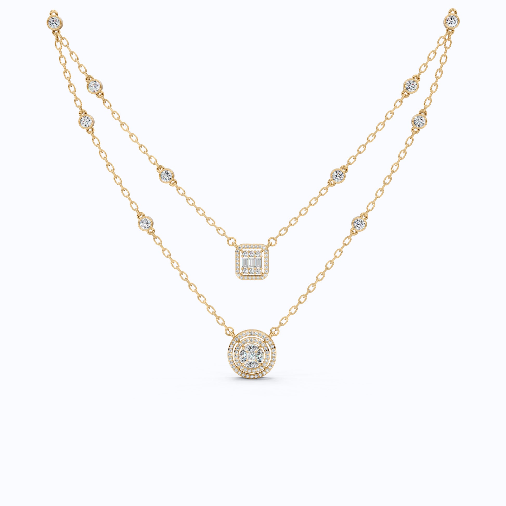 14K Gold Double Layered Necklace, 2.65 TCW Lab Diamonds, Dual Halo Pendant Necklace, Wedding Jewelry, Gift for Wife