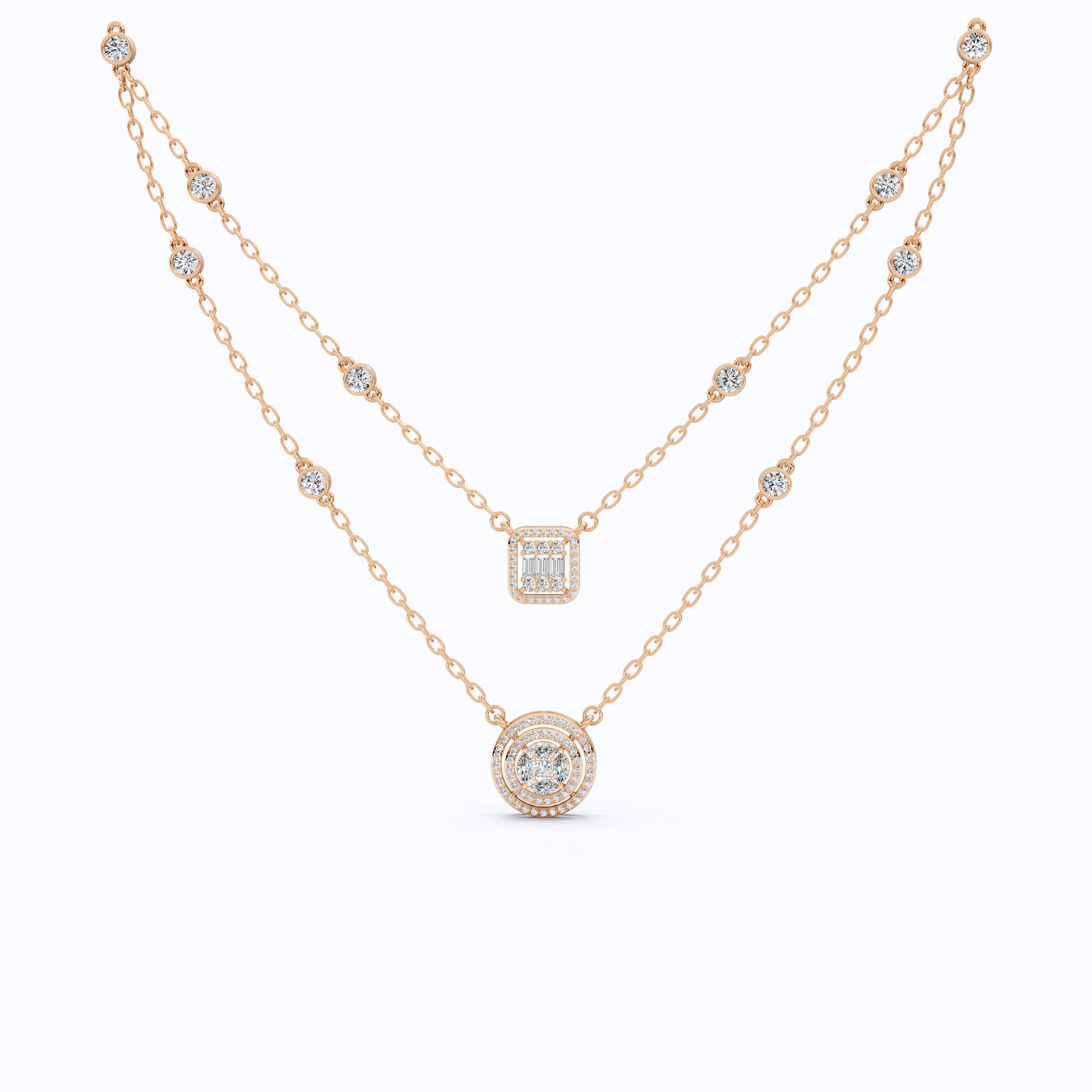 14K Gold Double Layered Necklace, 2.65 TCW Lab Diamonds, Dual Halo Pendant Necklace, Wedding Jewelry, Gift for Wife