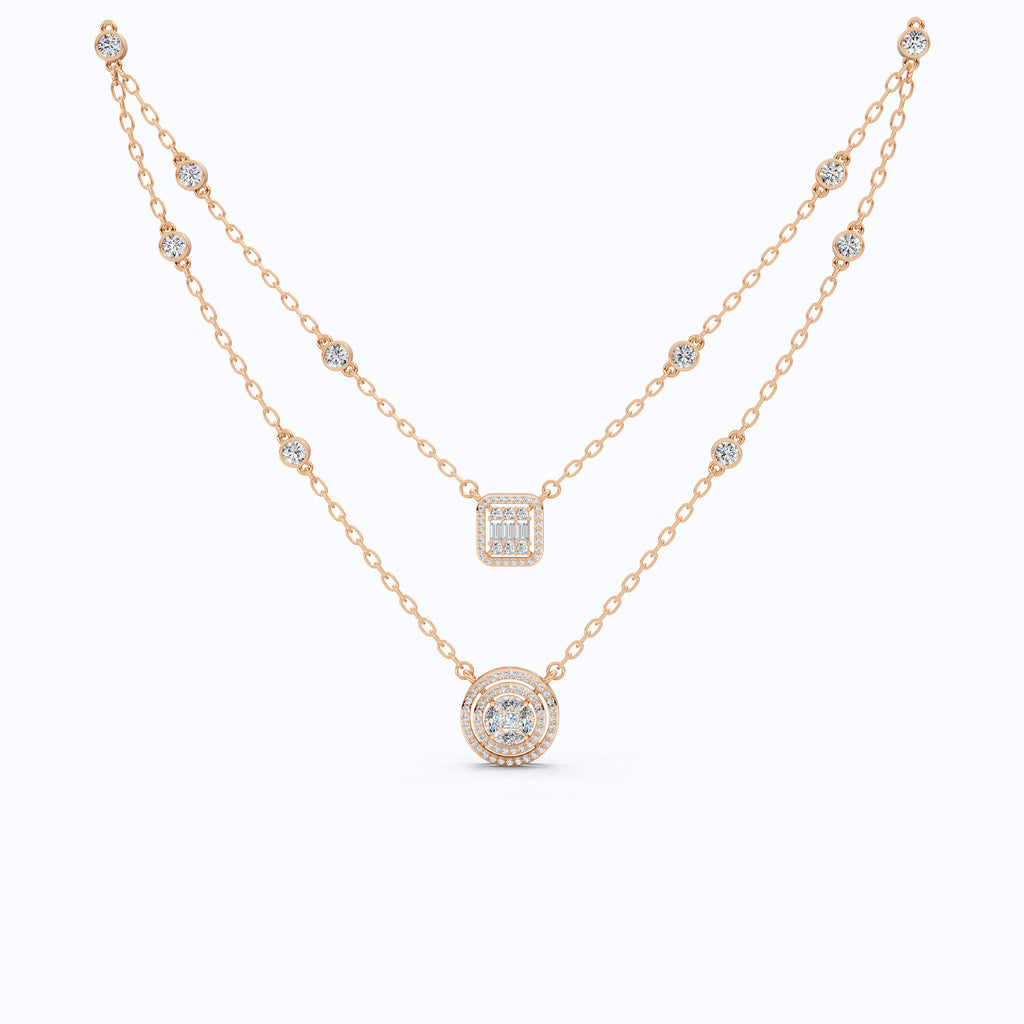 14K Gold Double Layered Necklace, 2.65 TCW Lab Diamonds, Dual Halo Pendant Necklace, Wedding Jewelry, Gift for Wife