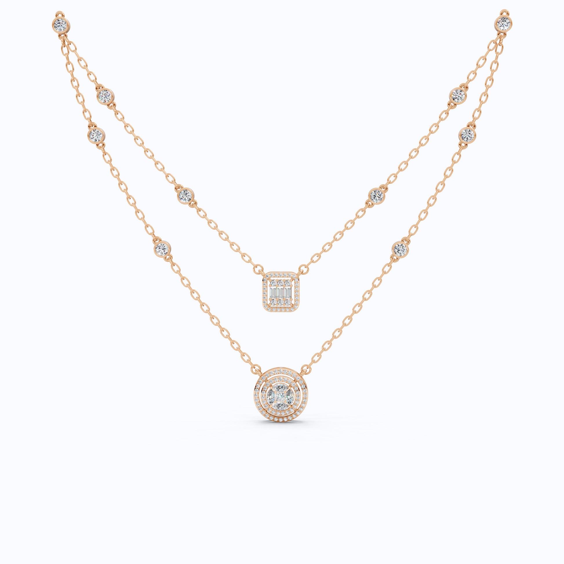 14K Gold Double Layered Necklace, 2.65 TCW Lab Diamonds, Dual Halo Pendant Necklace, Wedding Jewelry, Gift for Wife