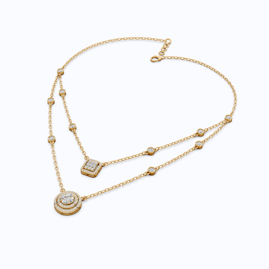 14K Gold Double Layered Necklace, 2.65 TCW Lab Diamonds, Dual Halo Pendant Necklace, Wedding Jewelry, Gift for Wife