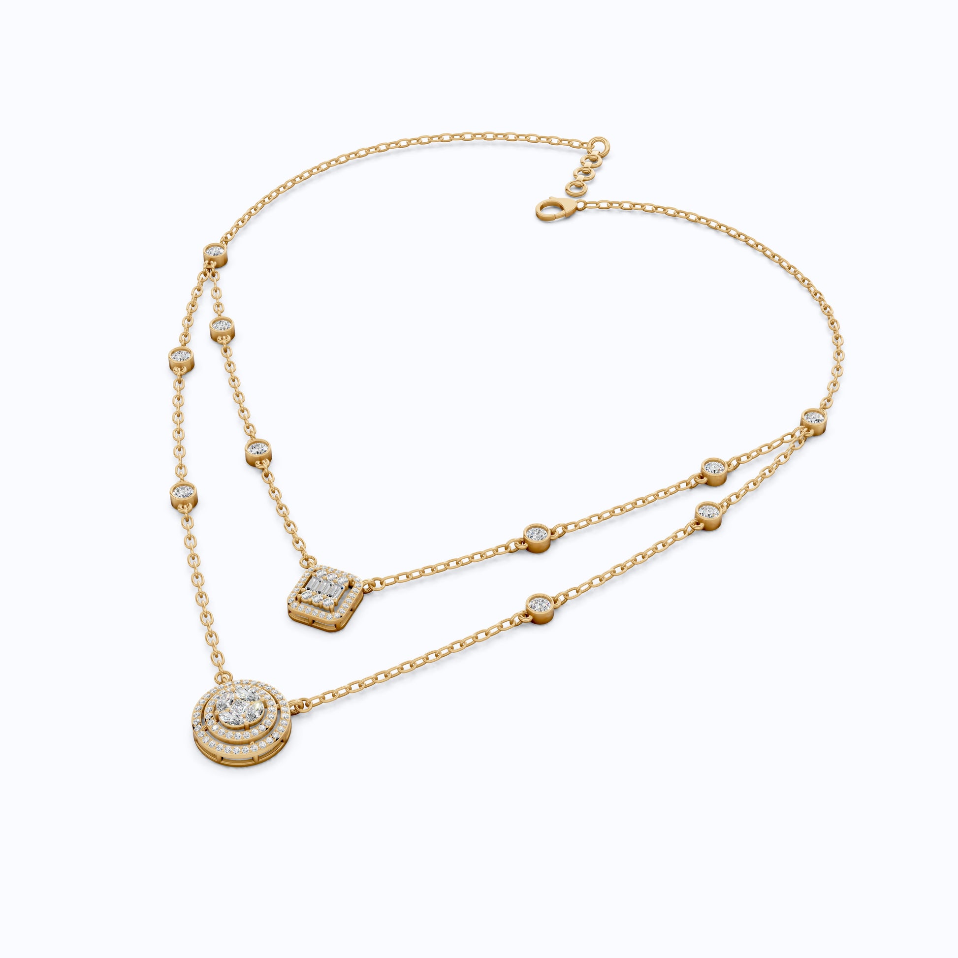14K Gold Double Layered Necklace, 2.65 TCW Lab Diamonds, Dual Halo Pendant Necklace, Wedding Jewelry, Gift for Wife