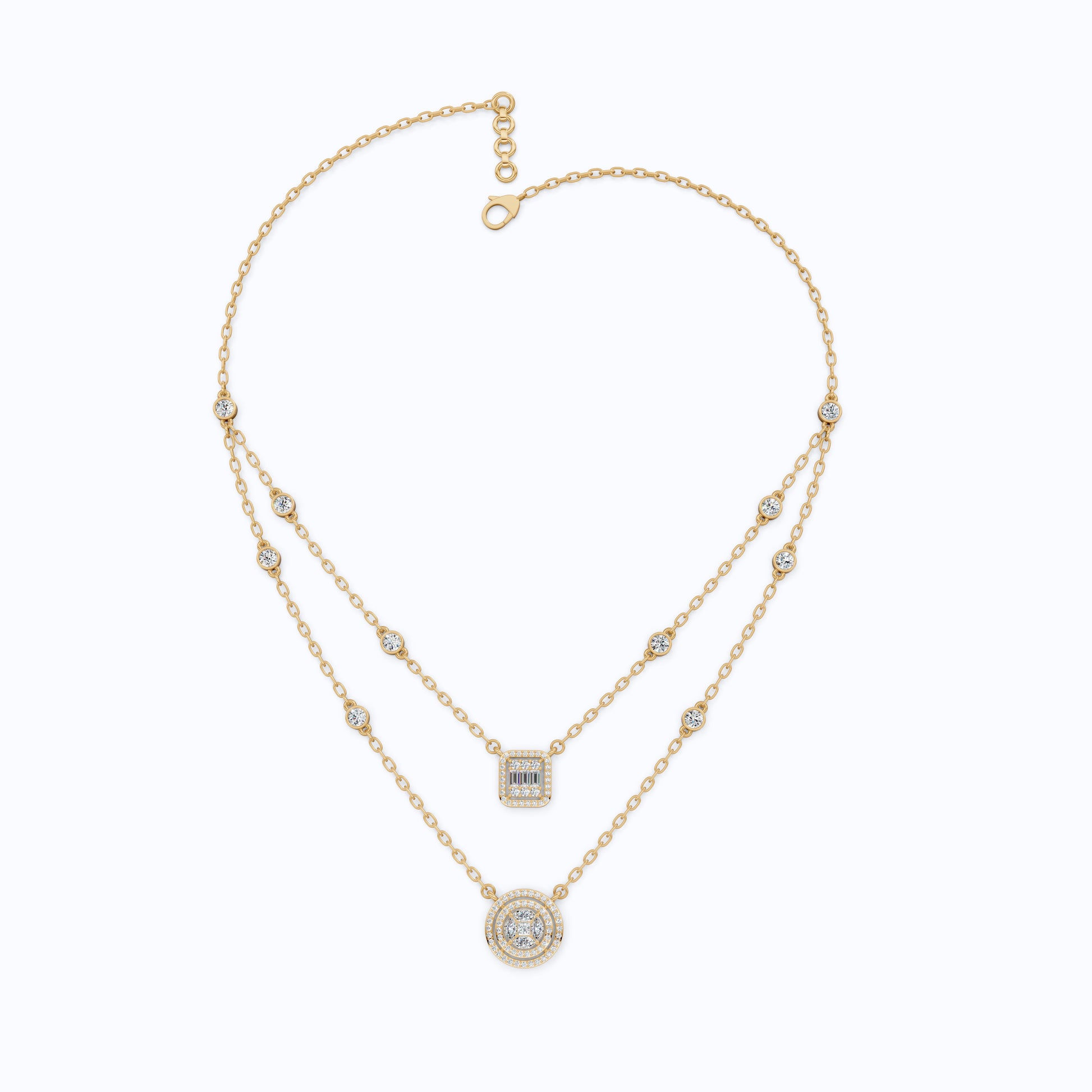 14K Gold Double Layered Necklace, 2.65 TCW Lab Diamonds, Dual Halo Pendant Necklace, Wedding Jewelry, Gift for Wife