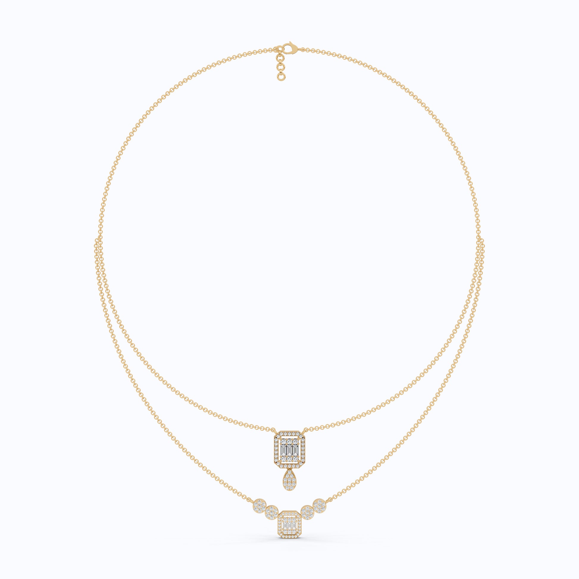 Double Layered Art Deco Baguette Halo Pendant Necklace in Lab Diamond-14k Solid Gold, Bridal Gift for Women, Wedding Jewelry