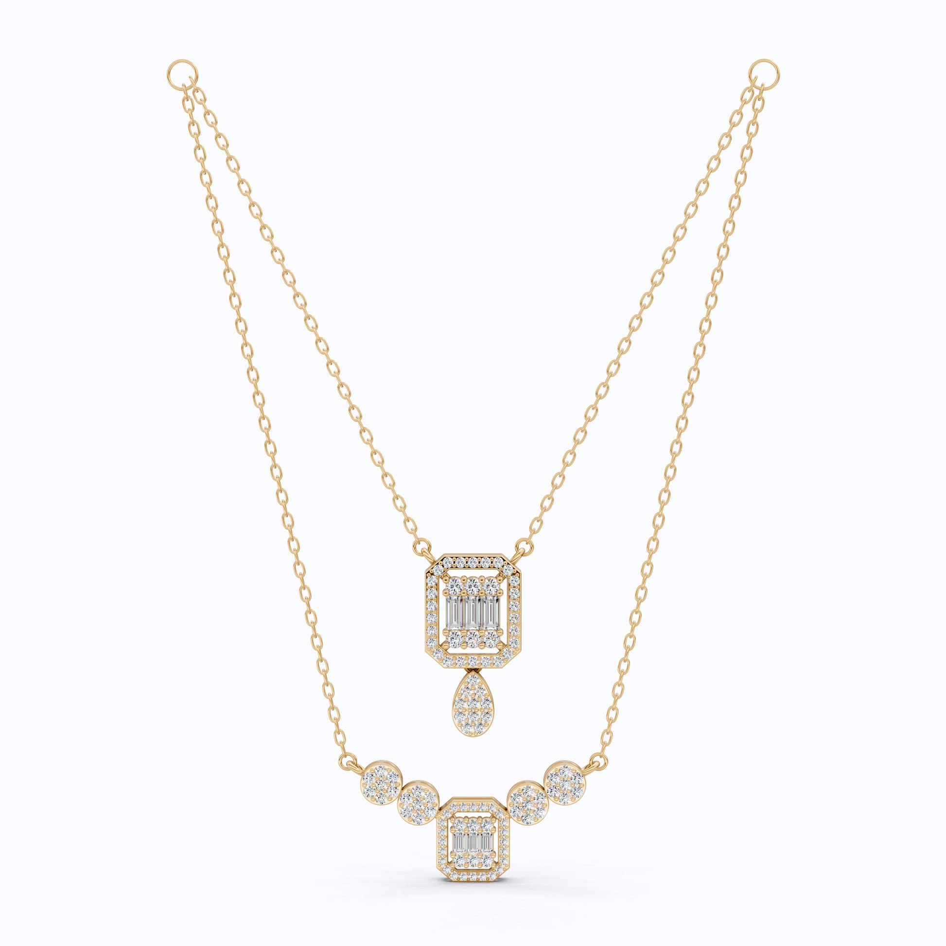 Double Layered Art Deco Baguette Halo Pendant Necklace in Lab Diamond-14k Solid Gold, Bridal Gift for Women, Wedding Jewelry