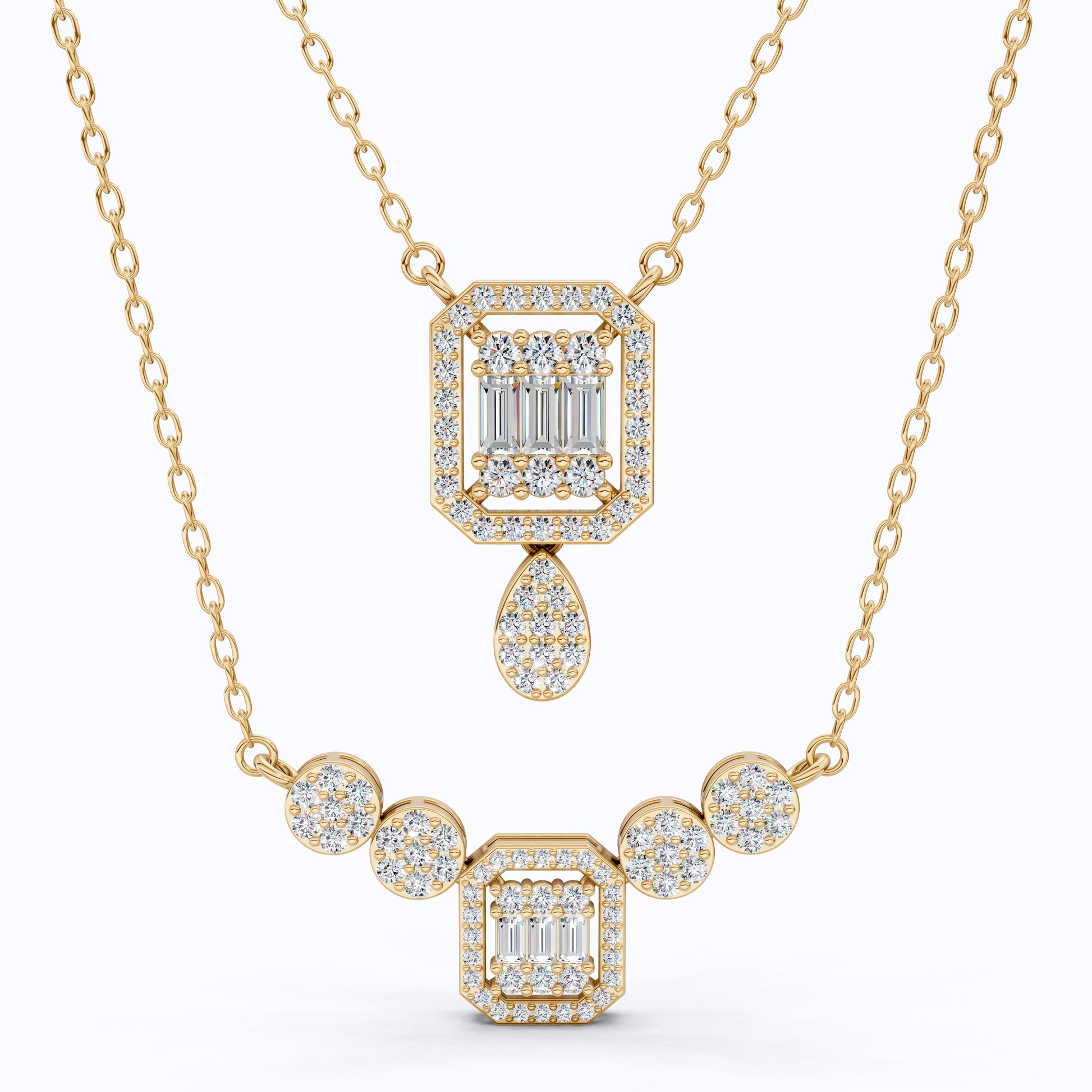 Double Layered Art Deco Baguette Halo Pendant Necklace in Lab Diamond-14k Solid Gold, Bridal Gift for Women, Wedding Jewelry