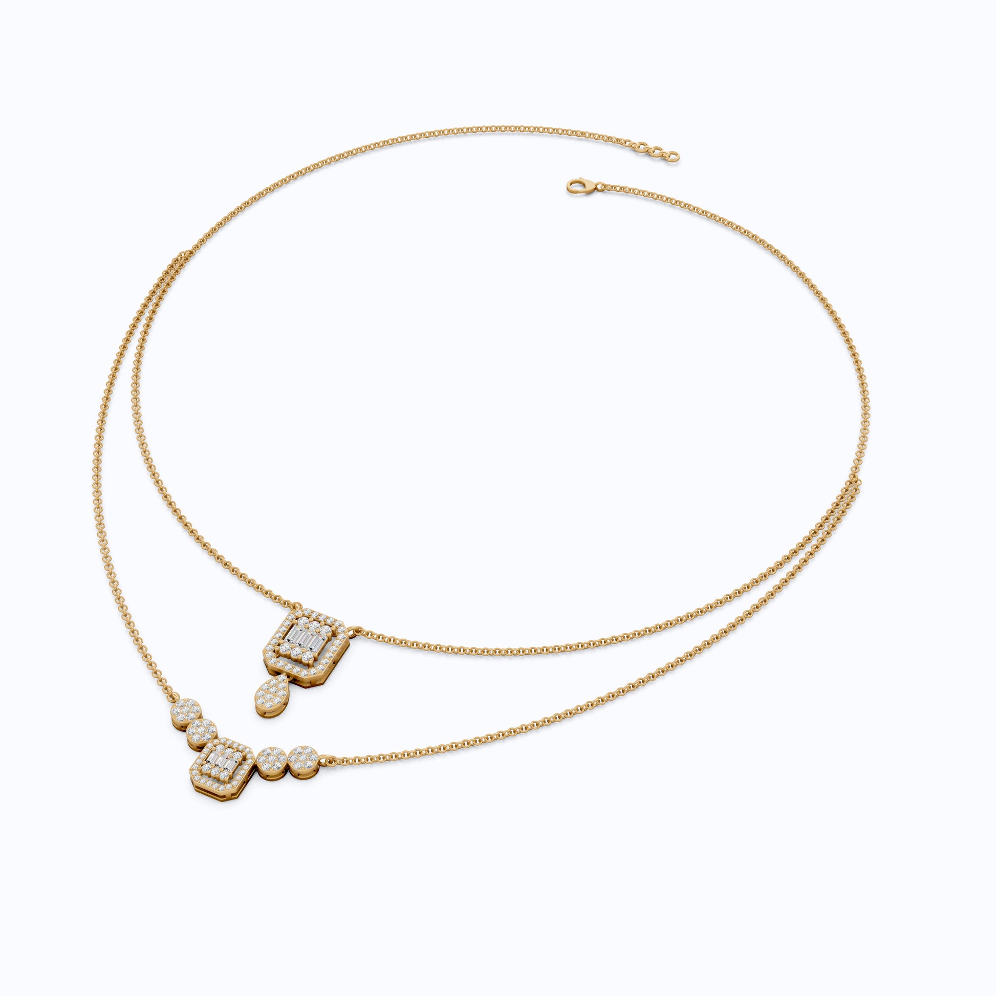 Double Layered Art Deco Baguette Halo Pendant Necklace in Lab Diamond-14k Solid Gold, Bridal Gift for Women, Wedding Jewelry