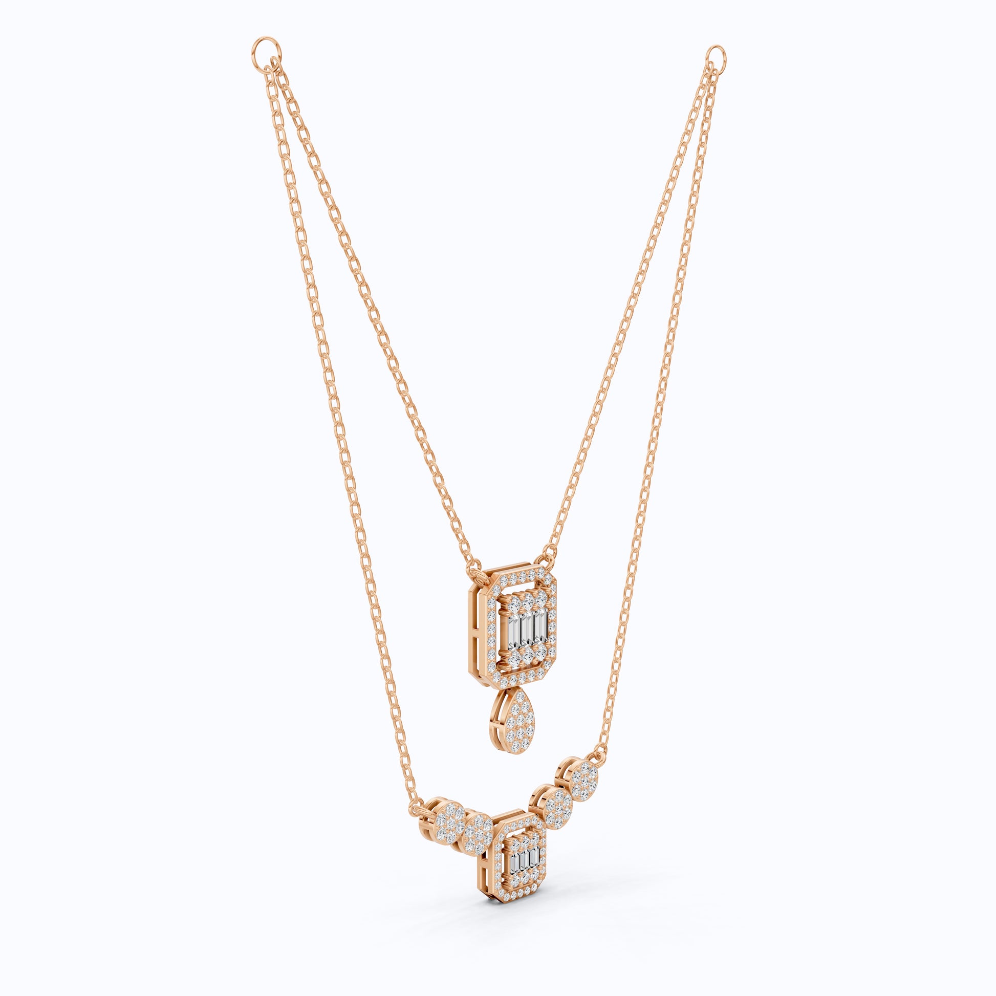 Double Layered Art Deco Baguette Halo Pendant Necklace in Lab Diamond-14k Solid Gold, Bridal Gift for Women, Wedding Jewelry