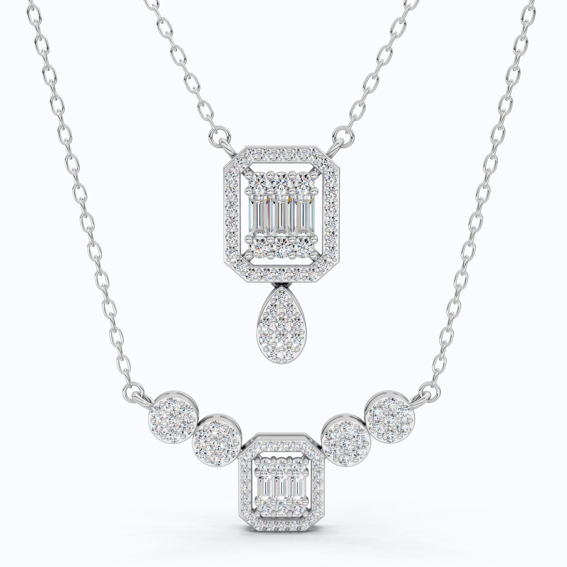 Double Layered Art Deco Baguette Halo Pendant Necklace in Lab Diamond-14k Solid Gold, Bridal Gift for Women, Wedding Jewelry