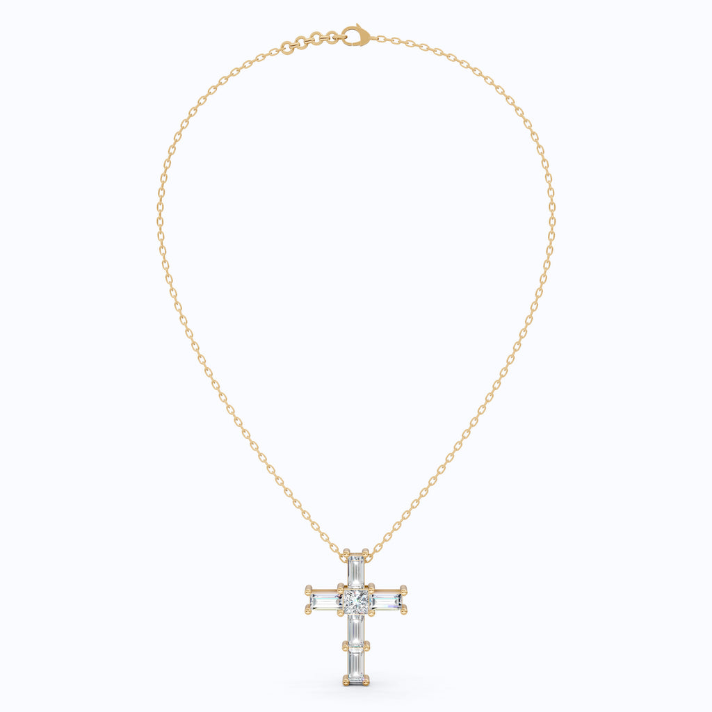 Elegant Baguette & Princess Cut Cross Modern Pendant in Lab Diamond 14k Solid Gold, Wedding Gift for Women, Jesus Cross Jewelry