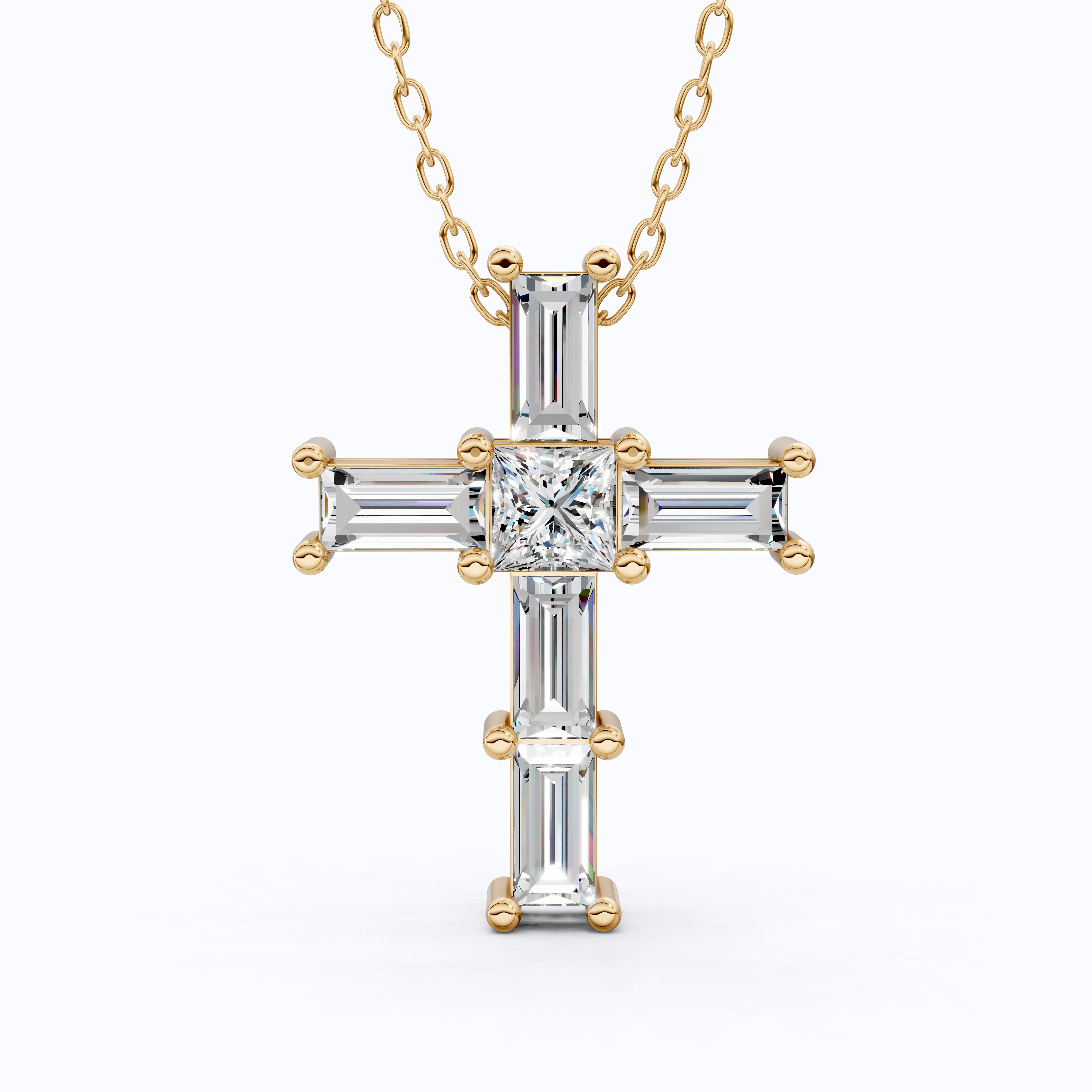 Elegant Baguette & Princess Cut Cross Modern Pendant in Lab Diamond 14k Solid Gold, Wedding Gift for Women, Jesus Cross Jewelry