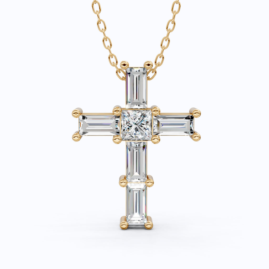 Elegant Baguette & Princess Cut Cross Modern Pendant in Lab Diamond 14k Solid Gold, Wedding Gift for Women, Jesus Cross Jewelry