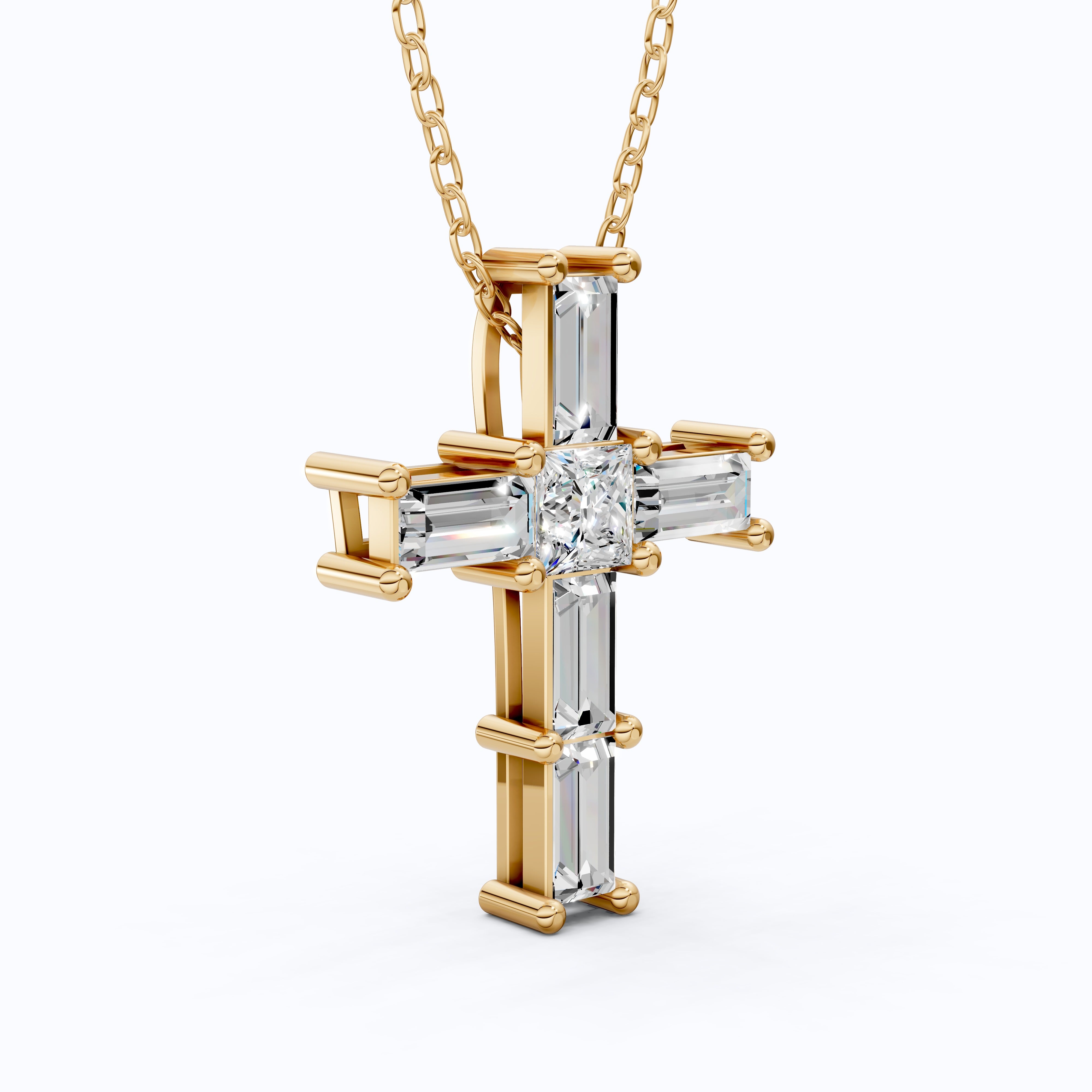Elegant Baguette & Princess Cut Cross Modern Pendant in Lab Diamond 14k Solid Gold, Wedding Gift for Women, Jesus Cross Jewelry