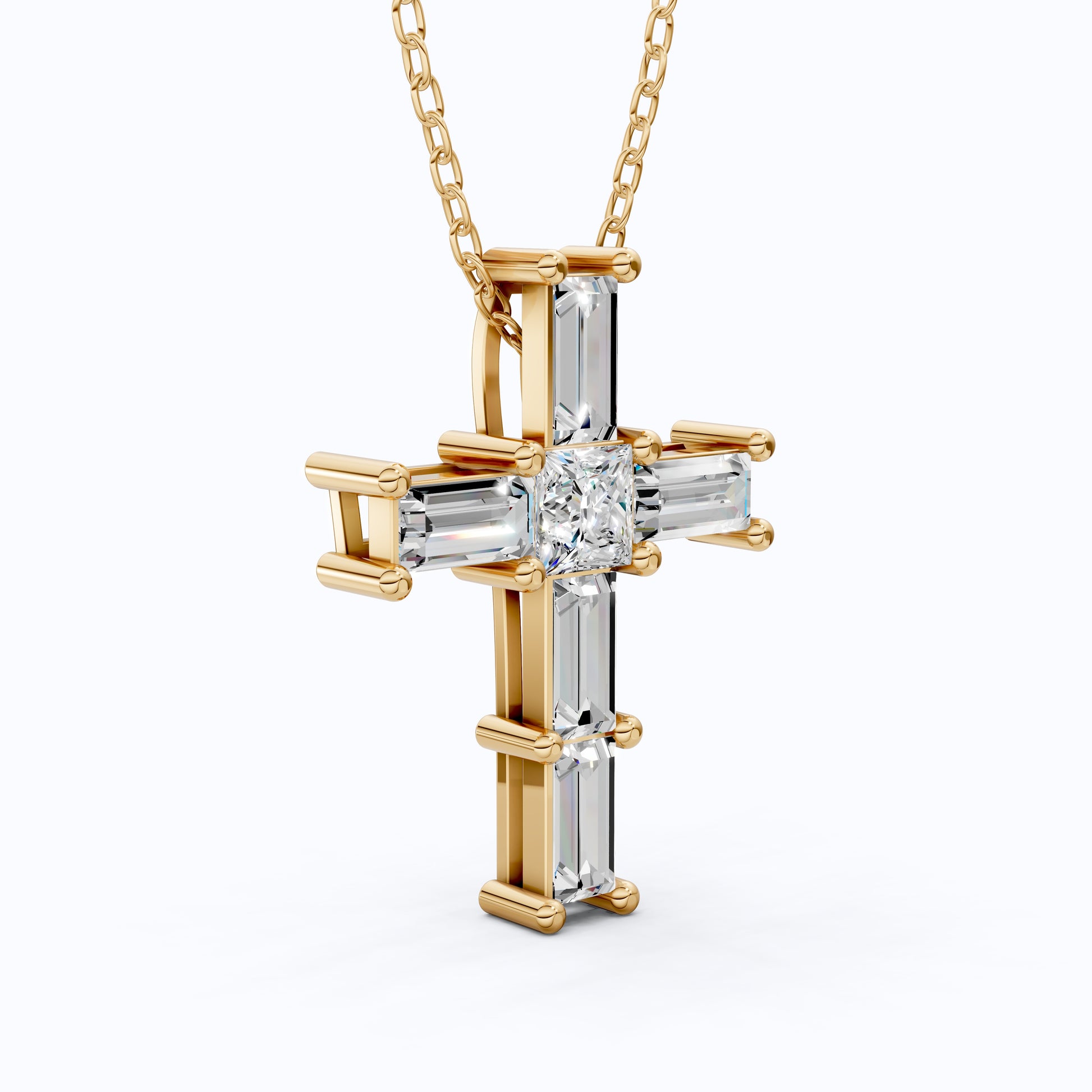 Elegant Baguette & Princess Cut Cross Modern Pendant in Lab Diamond 14k Solid Gold, Wedding Gift for Women, Jesus Cross Jewelry
