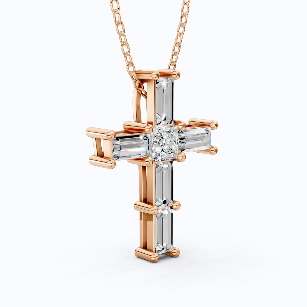 Elegant Baguette & Princess Cut Cross Modern Pendant in Lab Diamond 14k Solid Gold, Wedding Gift for Women, Jesus Cross Jewelry