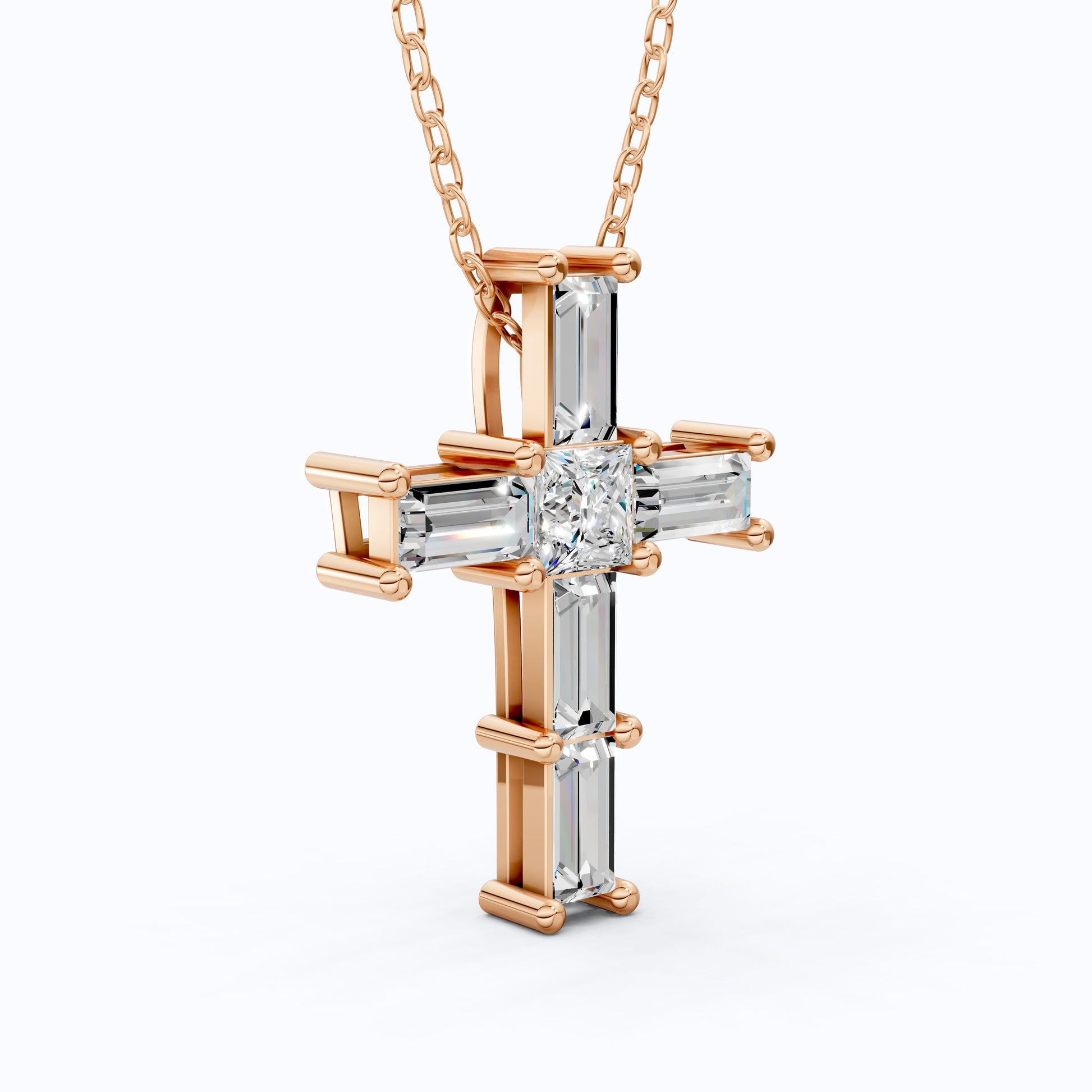 Elegant Baguette & Princess Cut Cross Modern Pendant in Lab Diamond 14k Solid Gold, Wedding Gift for Women, Jesus Cross Jewelry