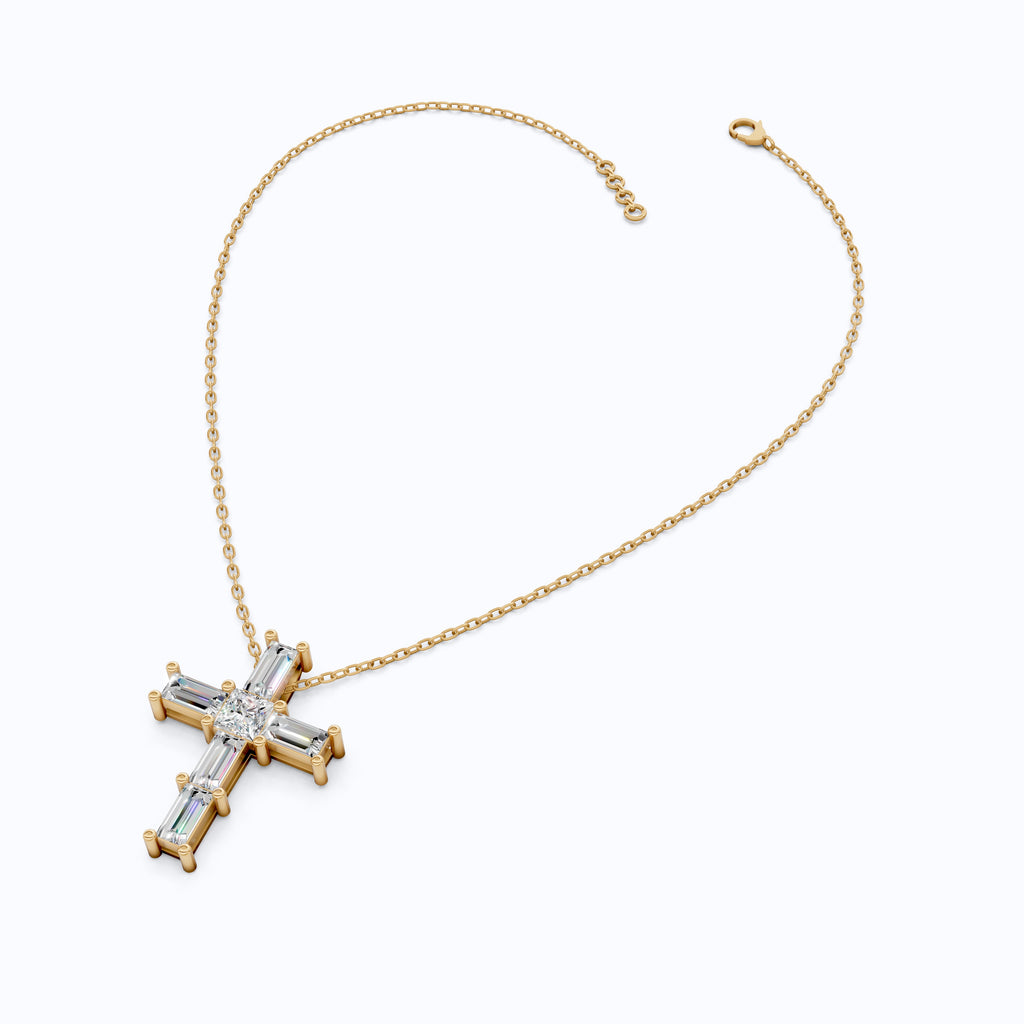 Elegant Baguette & Princess Cut Cross Modern Pendant in Lab Diamond 14k Solid Gold, Wedding Gift for Women, Jesus Cross Jewelry