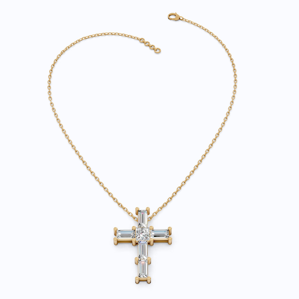 Elegant Baguette & Princess Cut Cross Modern Pendant in Lab Diamond 14k Solid Gold, Wedding Gift for Women, Jesus Cross Jewelry