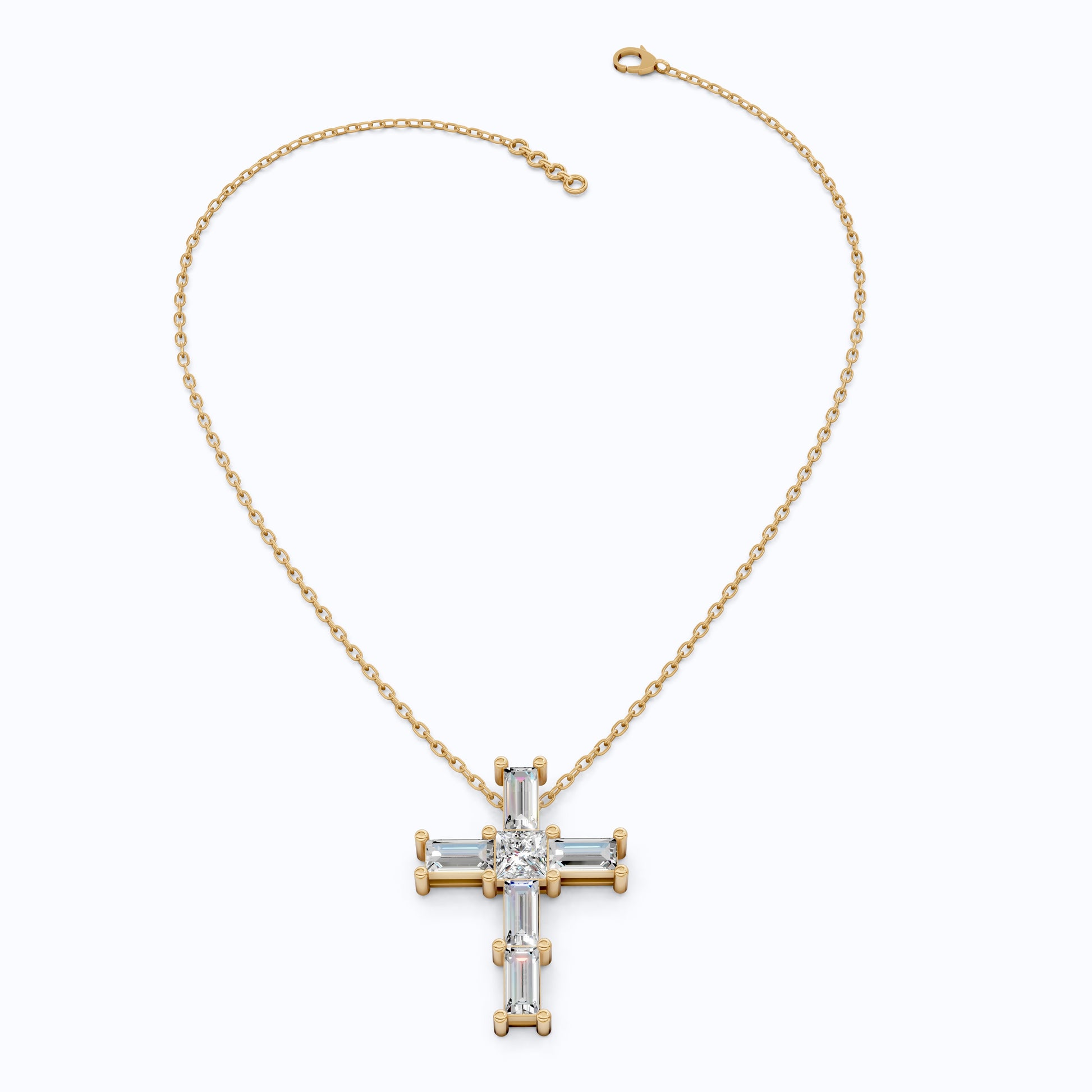 Elegant Baguette & Princess Cut Cross Modern Pendant in Lab Diamond 14k Solid Gold, Wedding Gift for Women, Jesus Cross Jewelry