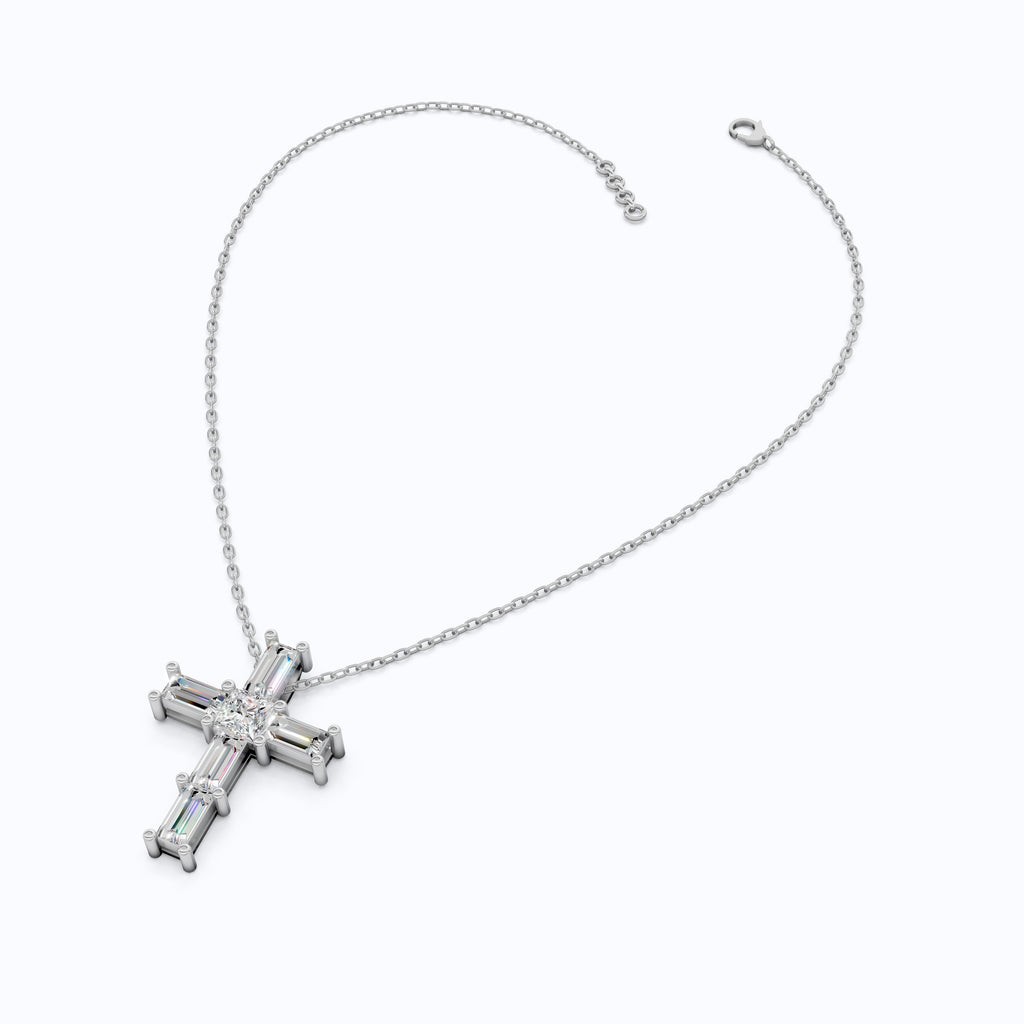 Elegant Baguette & Princess Cut Cross Modern Pendant in Lab Diamond 14k Solid Gold, Wedding Gift for Women, Jesus Cross Jewelry