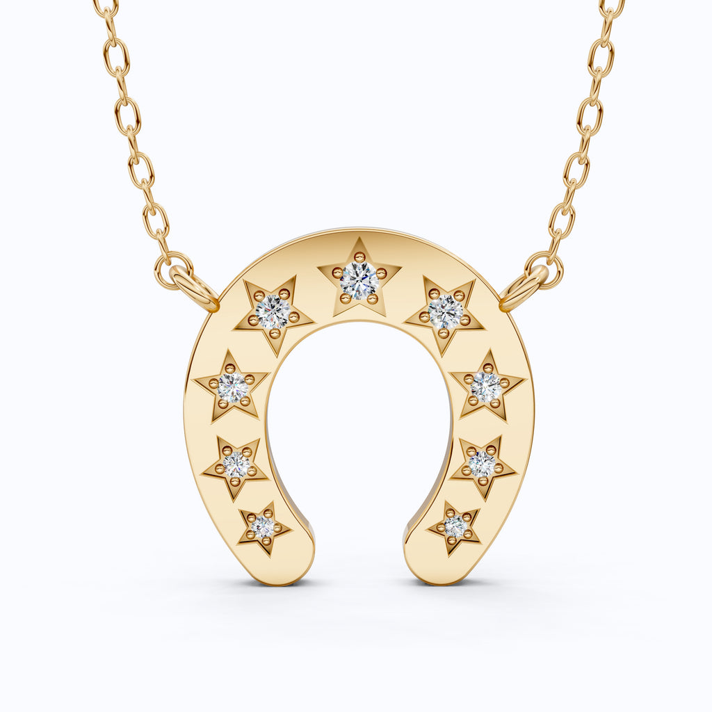 Star-Set Horseshoe Charm Lucky Pendant in Lab Diamond – 14k Solid Gold, 0.16 TCW Round Cut Lab Created Diamonds, Everyday Pendant Gift for Her