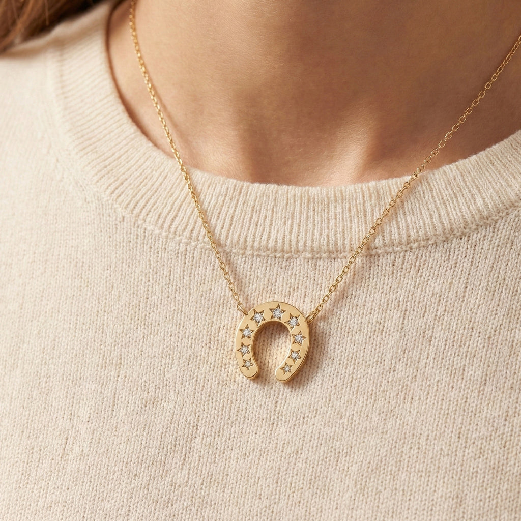 Star-Set Horseshoe Charm Lucky Pendant in Lab Diamond – 14k Solid Gold, 0.16 TCW Round Cut Lab Created Diamonds, Everyday Pendant Gift for Her