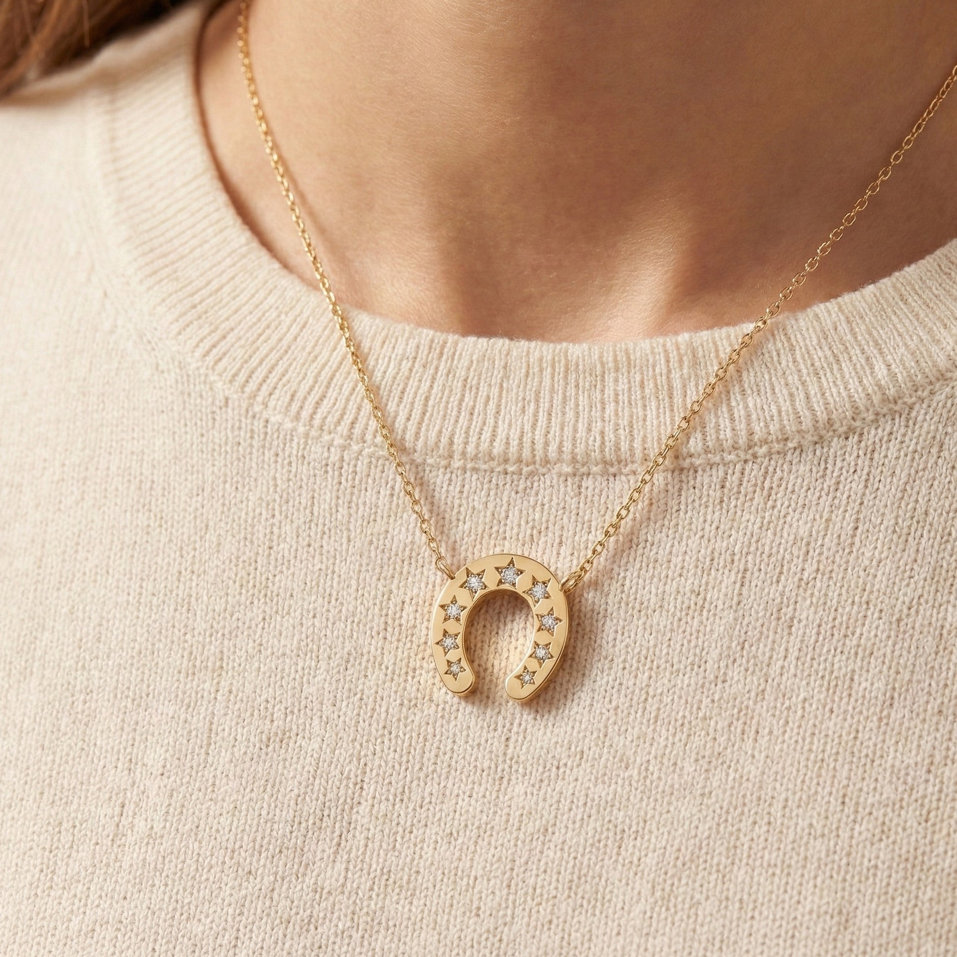 Star-Set Horseshoe Charm Lucky Pendant in Lab Diamond – 14k Solid Gold, 0.16 TCW Round Cut Lab Created Diamonds, Everyday Pendant Gift for Her
