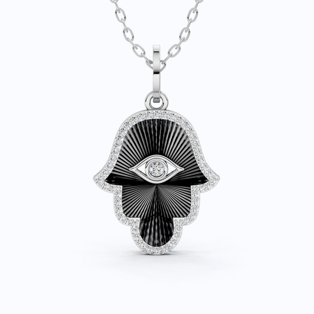 Luxury Hamsa Hand Evil Eye Medallion Pendant in Lab Grown Diamond-14k Solid Gold, Unique Pendant For Women, Everyday Jewelry