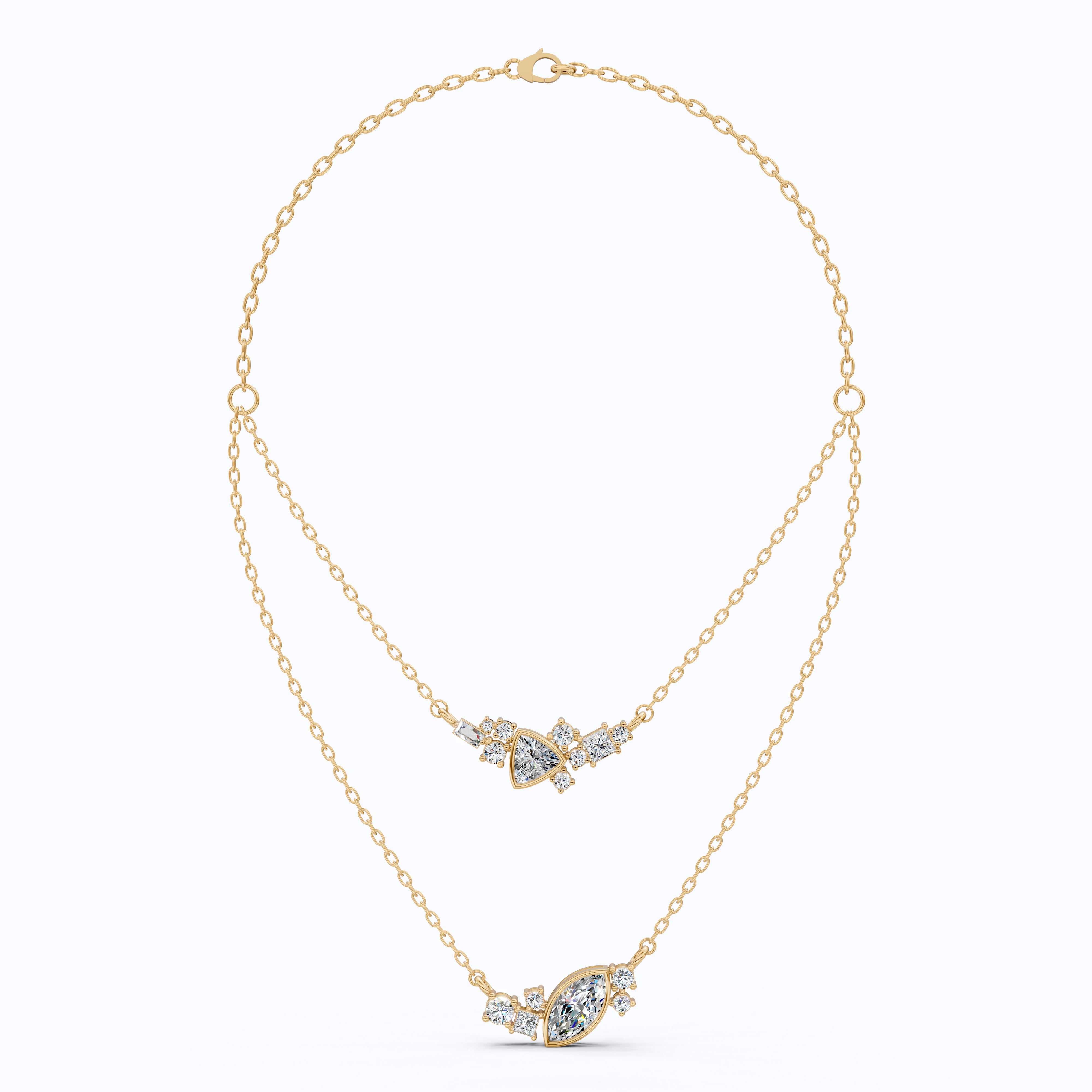 Layered Marquise & Trillion Cluster Wedding Necklace in Lab Diamond – 14k Solid Gold, Handmade Bridal Jewelry, Festival Jewelry