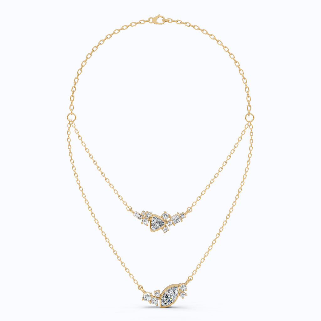 Layered Marquise & Trillion Cluster Wedding Necklace in Lab Diamond – 14k Solid Gold, Handmade Bridal Jewelry, Festival Jewelry