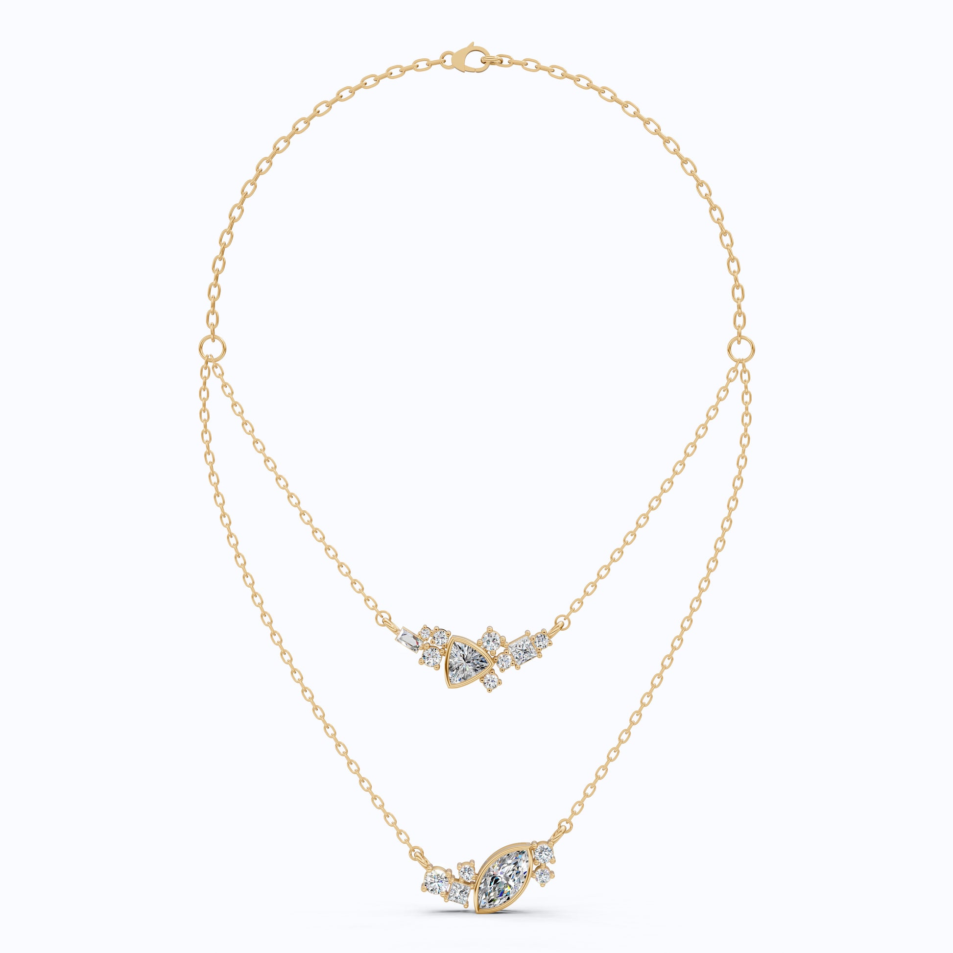 Layered Marquise & Trillion Cluster Wedding Necklace in Lab Diamond – 14k Solid Gold, Handmade Bridal Jewelry, Festival Jewelry