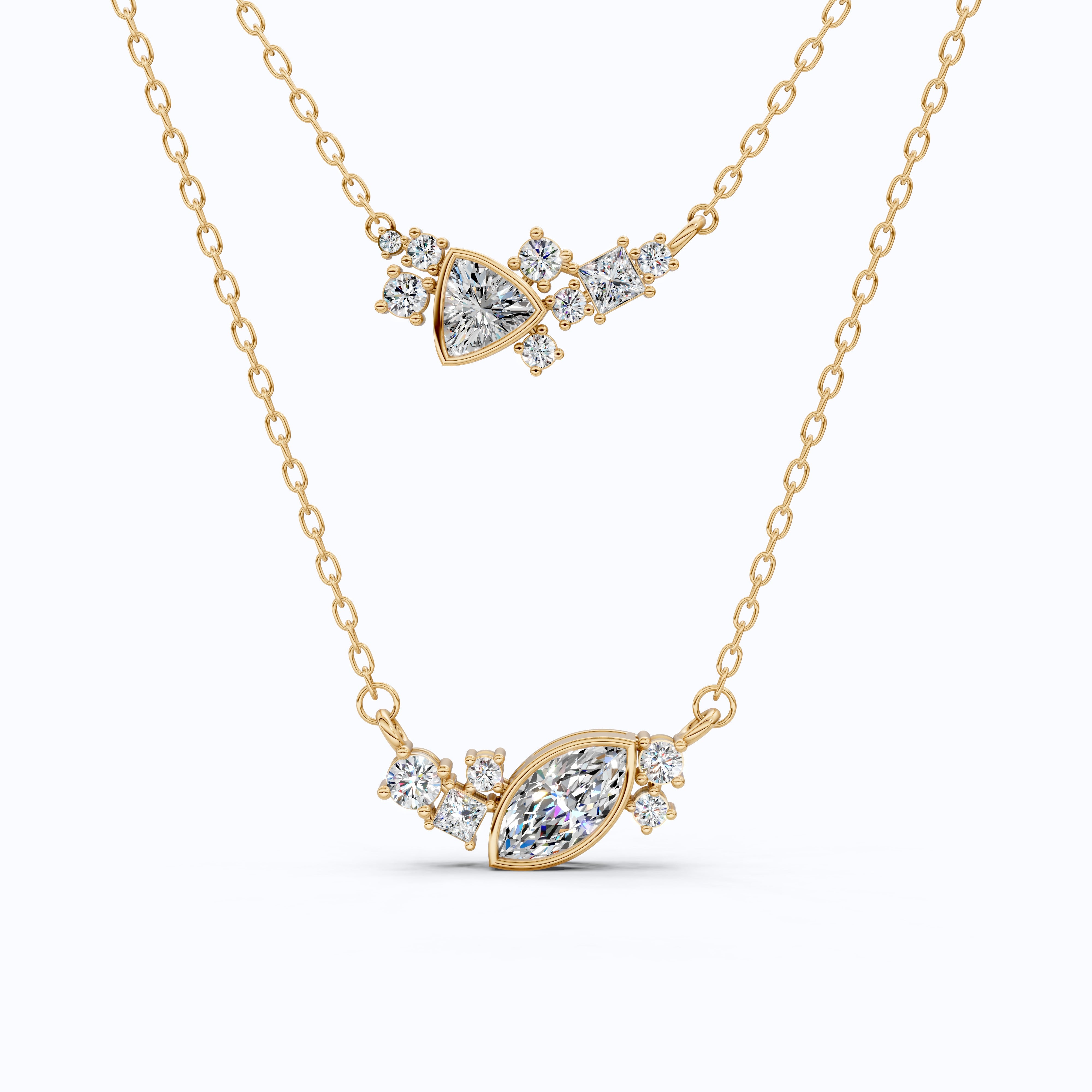 Layered Marquise & Trillion Cluster Wedding Necklace in Lab Diamond – 14k Solid Gold, Handmade Bridal Jewelry, Festival Jewelry