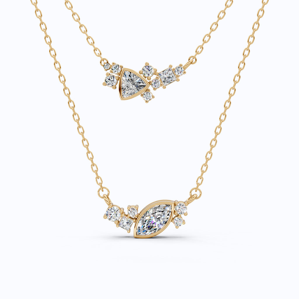 Layered Marquise & Trillion Cluster Wedding Necklace in Lab Diamond – 14k Solid Gold, Handmade Bridal Jewelry, Festival Jewelry