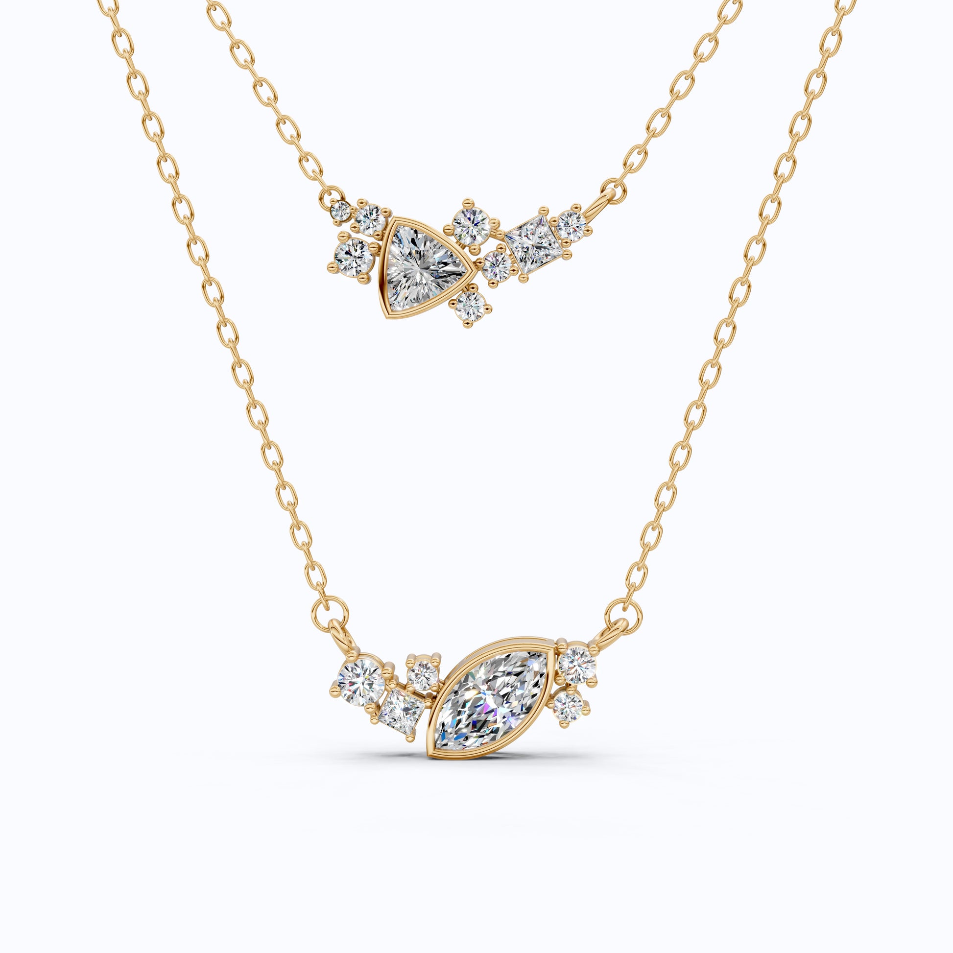 Layered Marquise & Trillion Cluster Wedding Necklace in Lab Diamond – 14k Solid Gold, Handmade Bridal Jewelry, Festival Jewelry