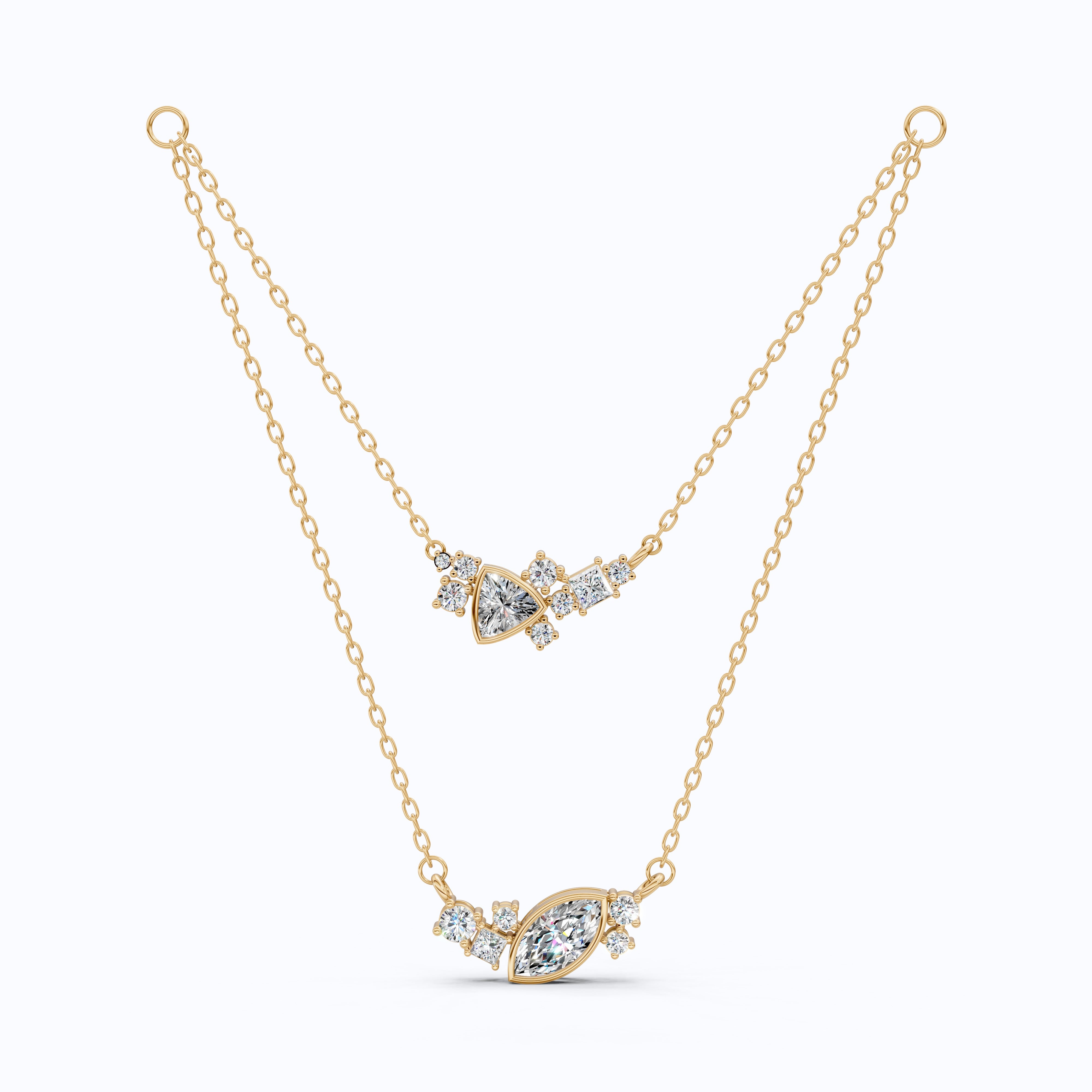 Layered Marquise & Trillion Cluster Wedding Necklace in Lab Diamond – 14k Solid Gold, Handmade Bridal Jewelry, Festival Jewelry
