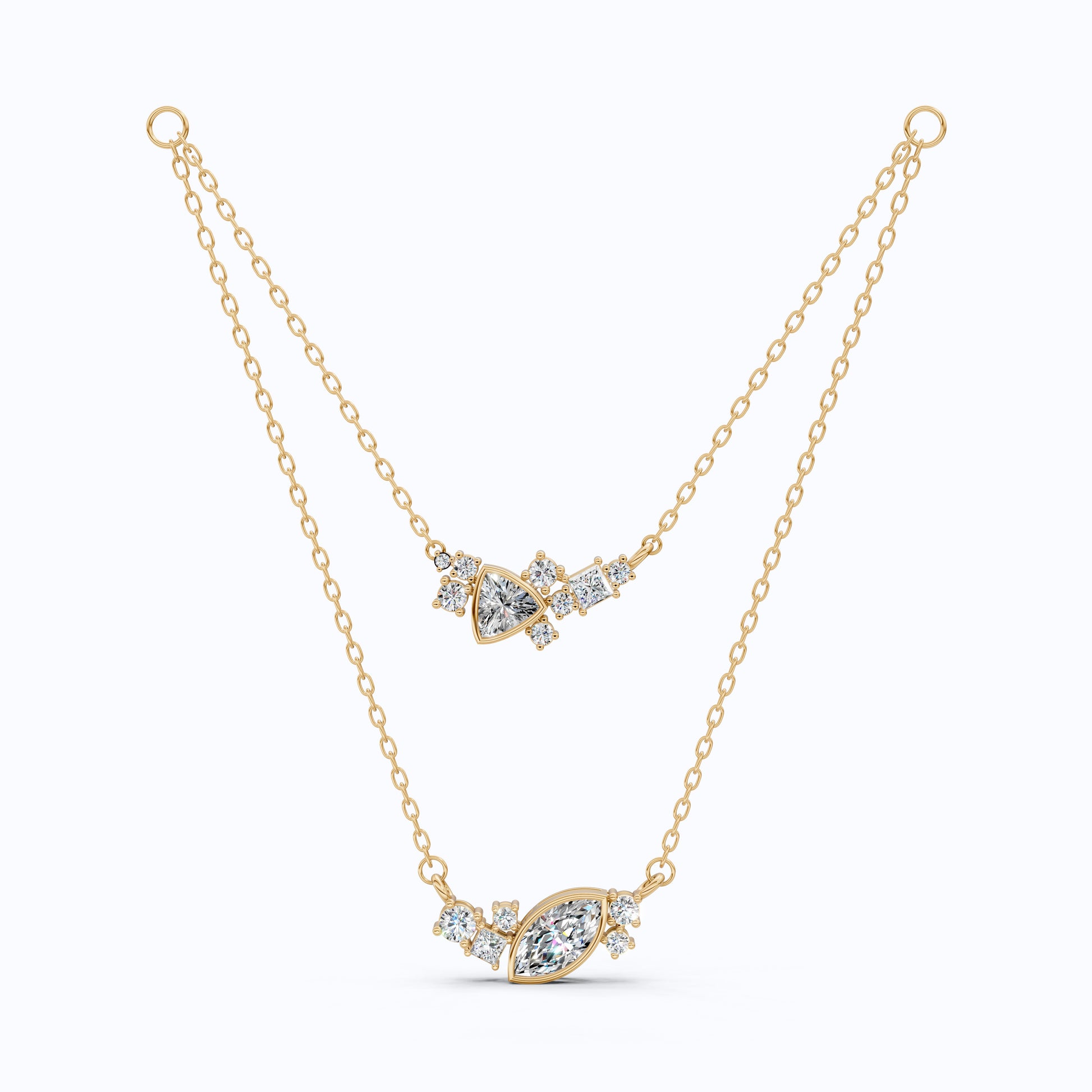 Layered Marquise & Trillion Cluster Wedding Necklace in Lab Diamond – 14k Solid Gold, Handmade Bridal Jewelry, Festival Jewelry