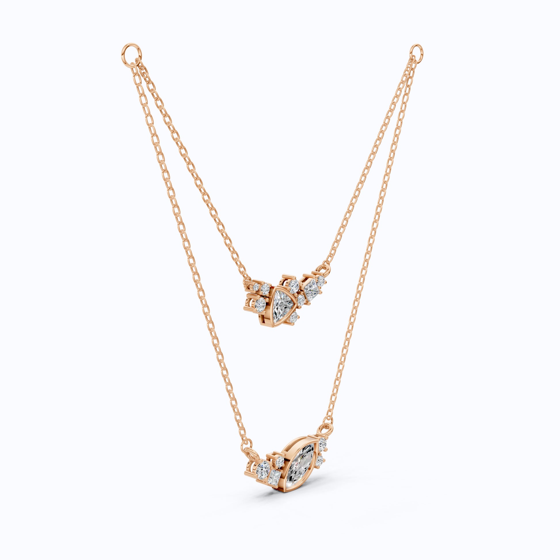 Layered Marquise & Trillion Cluster Wedding Necklace in Lab Diamond – 14k Solid Gold, Handmade Bridal Jewelry, Festival Jewelry