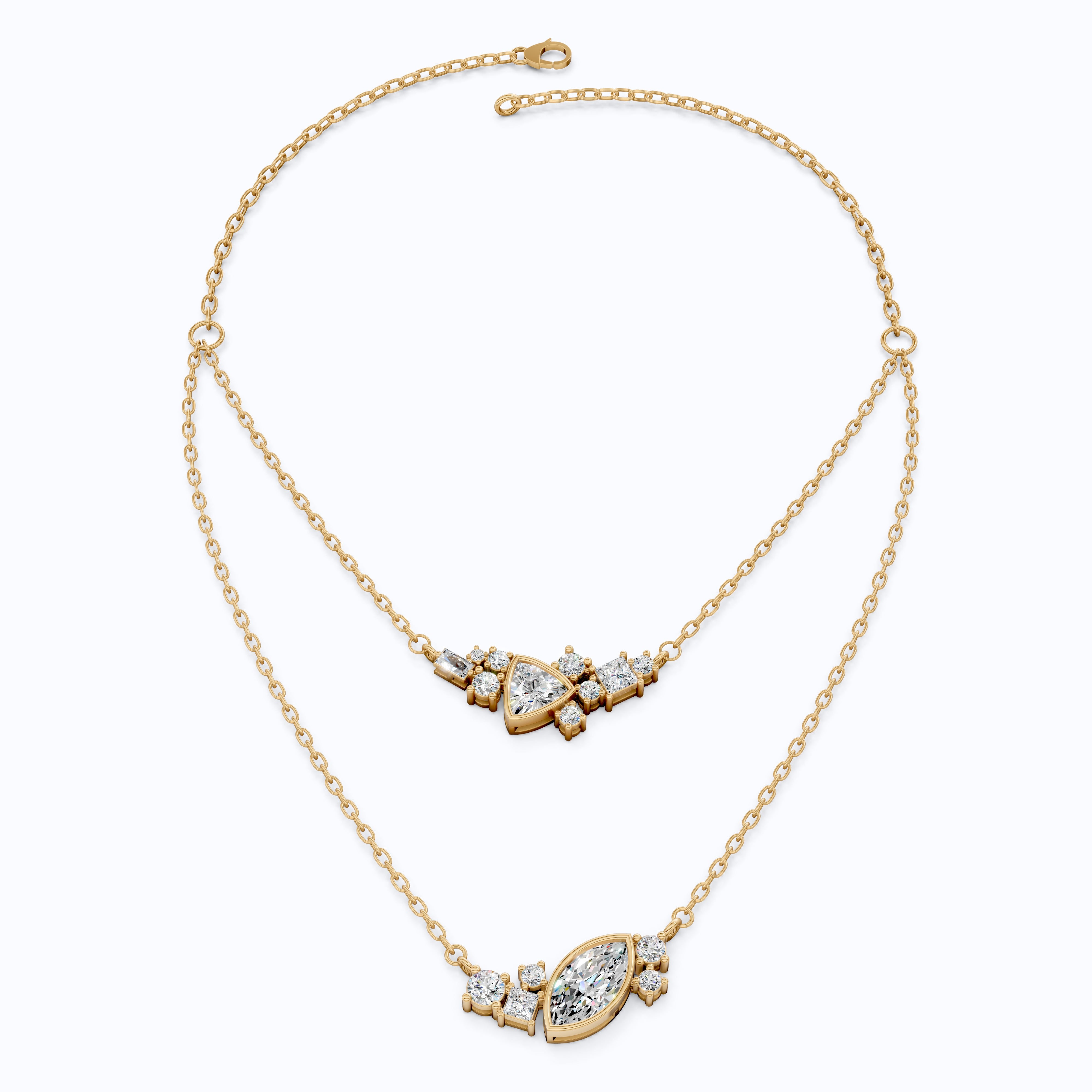 Layered Marquise & Trillion Cluster Wedding Necklace in Lab Diamond – 14k Solid Gold, Handmade Bridal Jewelry, Festival Jewelry