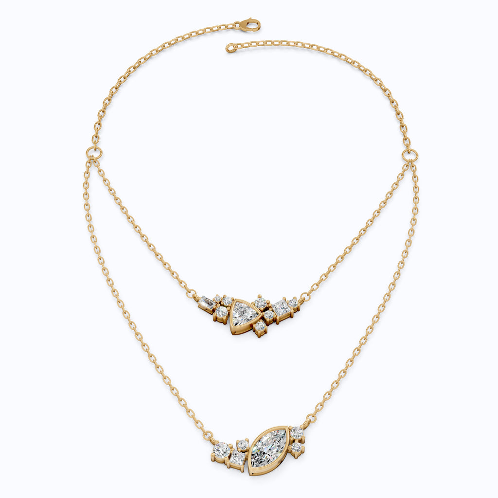 Layered Marquise & Trillion Cluster Wedding Necklace in Lab Diamond – 14k Solid Gold, Handmade Bridal Jewelry, Festival Jewelry