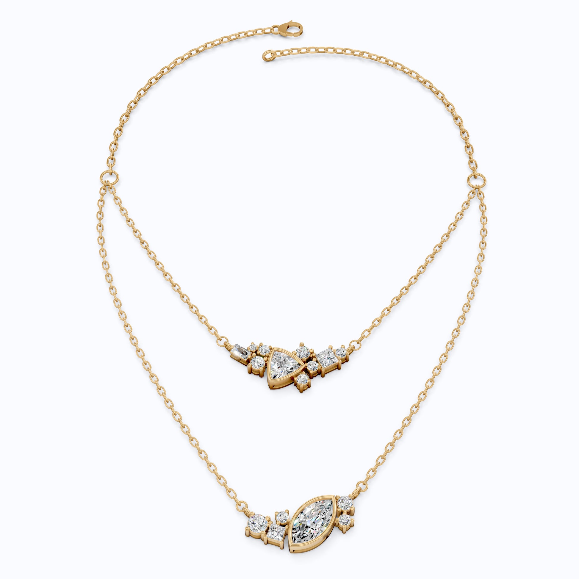 Layered Marquise & Trillion Cluster Wedding Necklace in Lab Diamond – 14k Solid Gold, Handmade Bridal Jewelry, Festival Jewelry