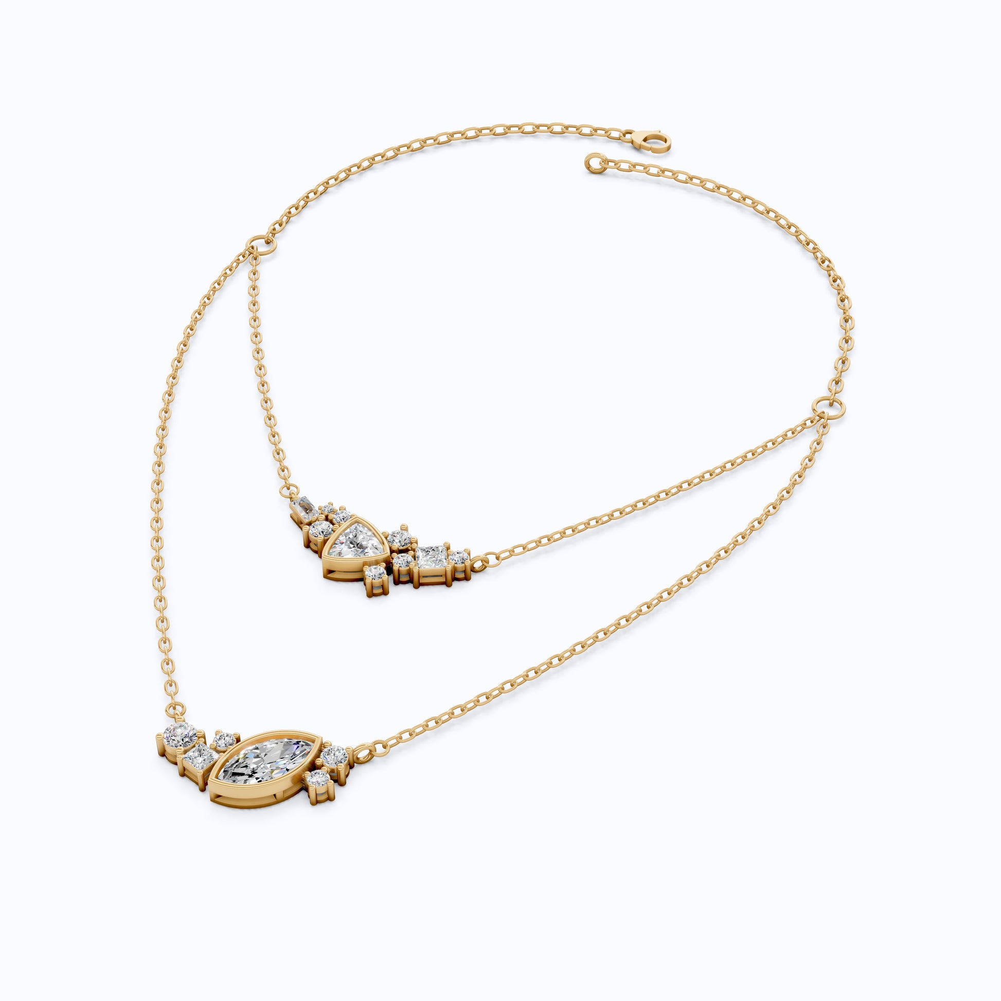 Layered Marquise & Trillion Cluster Wedding Necklace in Lab Diamond – 14k Solid Gold, Handmade Bridal Jewelry, Festival Jewelry